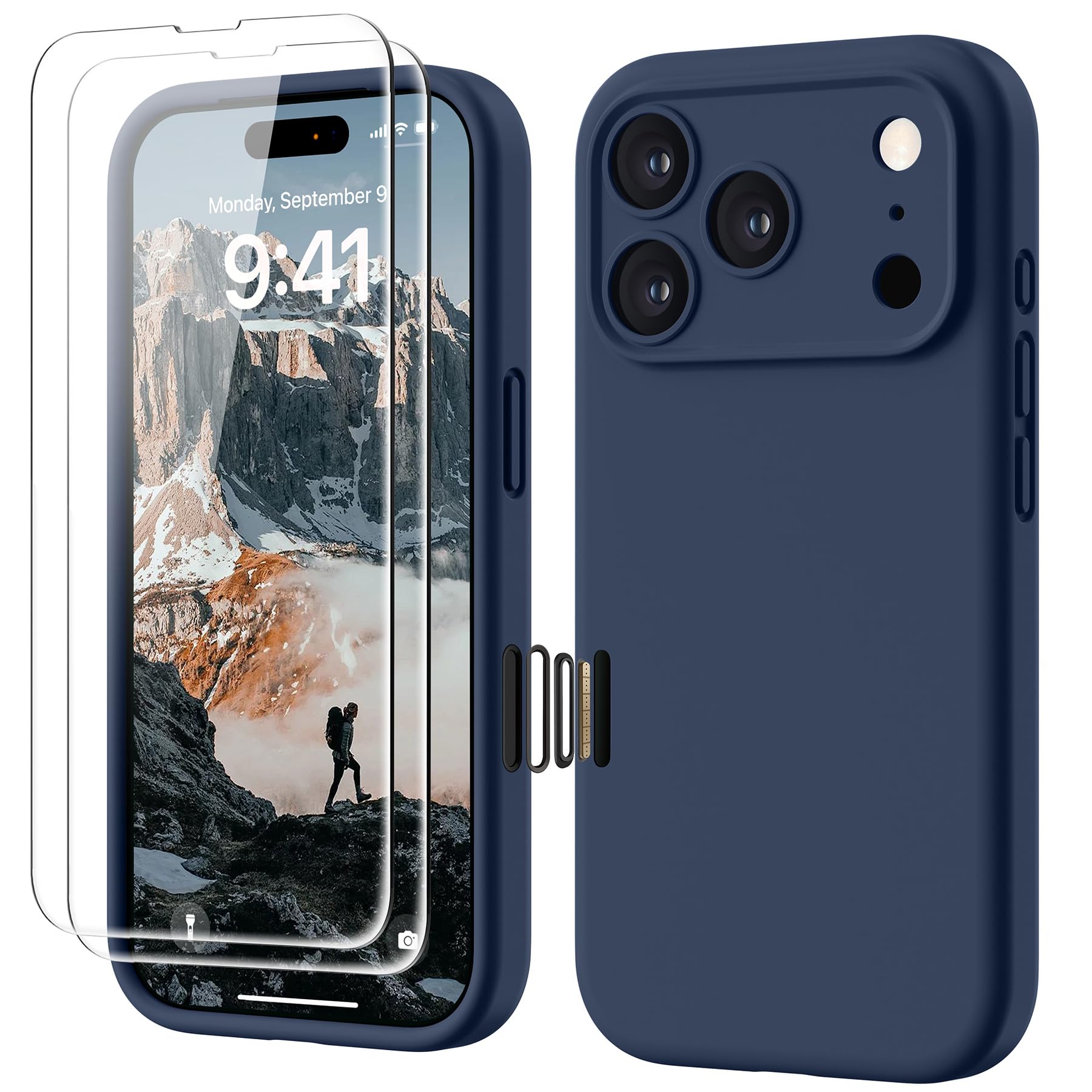 GOODVISH Silicone Cover per iPhone 17 Pro 6.3", Custodia con 2x Vetro Temperato [Pulsante Controllo Fotocamera] 360° Protezione Anticaduta Case per Cellulare Antiurto Resistente, Navy Blu