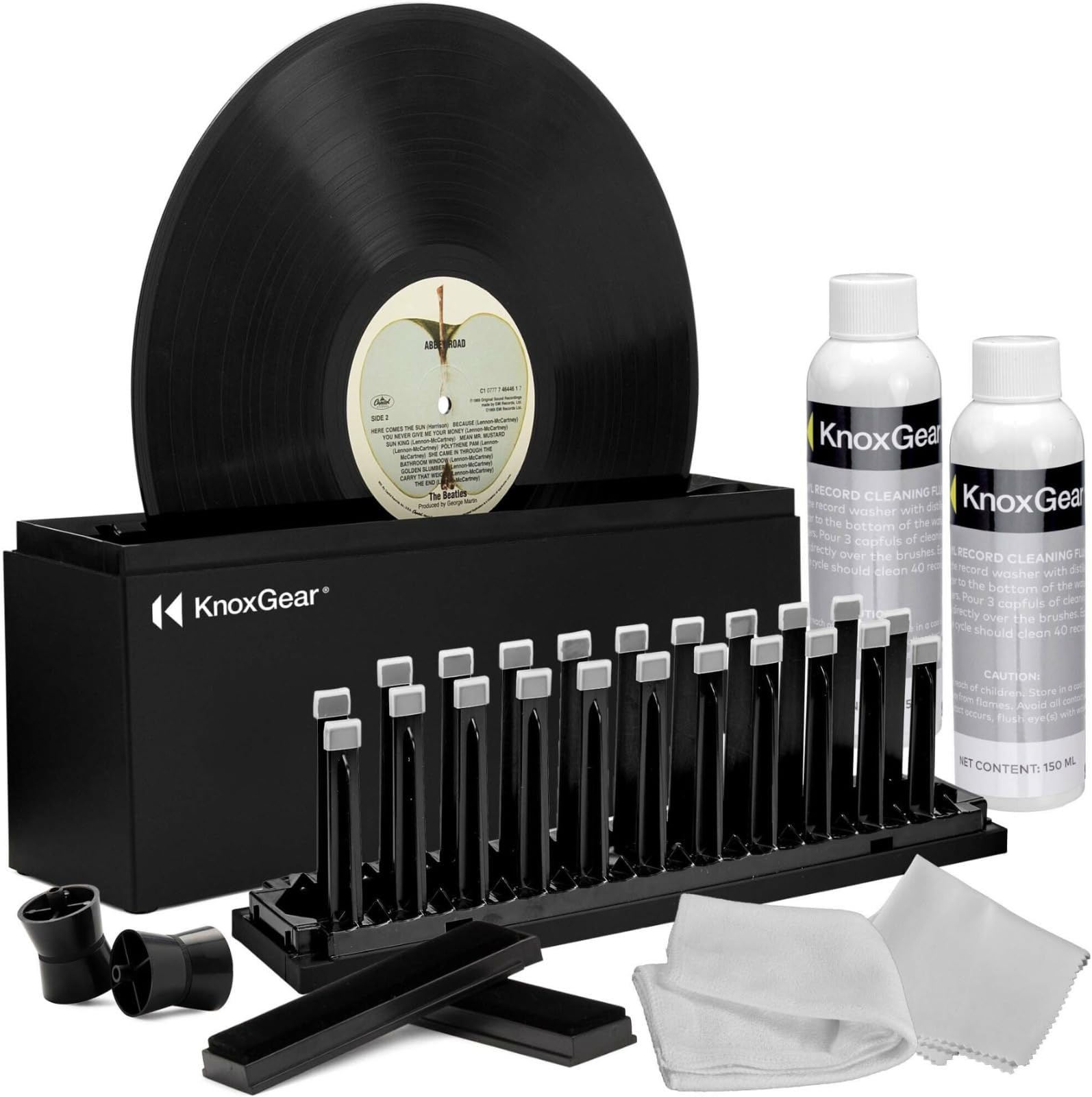 Knox Gear Vinyl Record Cleaning Kit to Reduce Static, Skips, Dust and Fingerprints - Includes Record Cleaner Fluid, 2X Disc Spin Record Brush