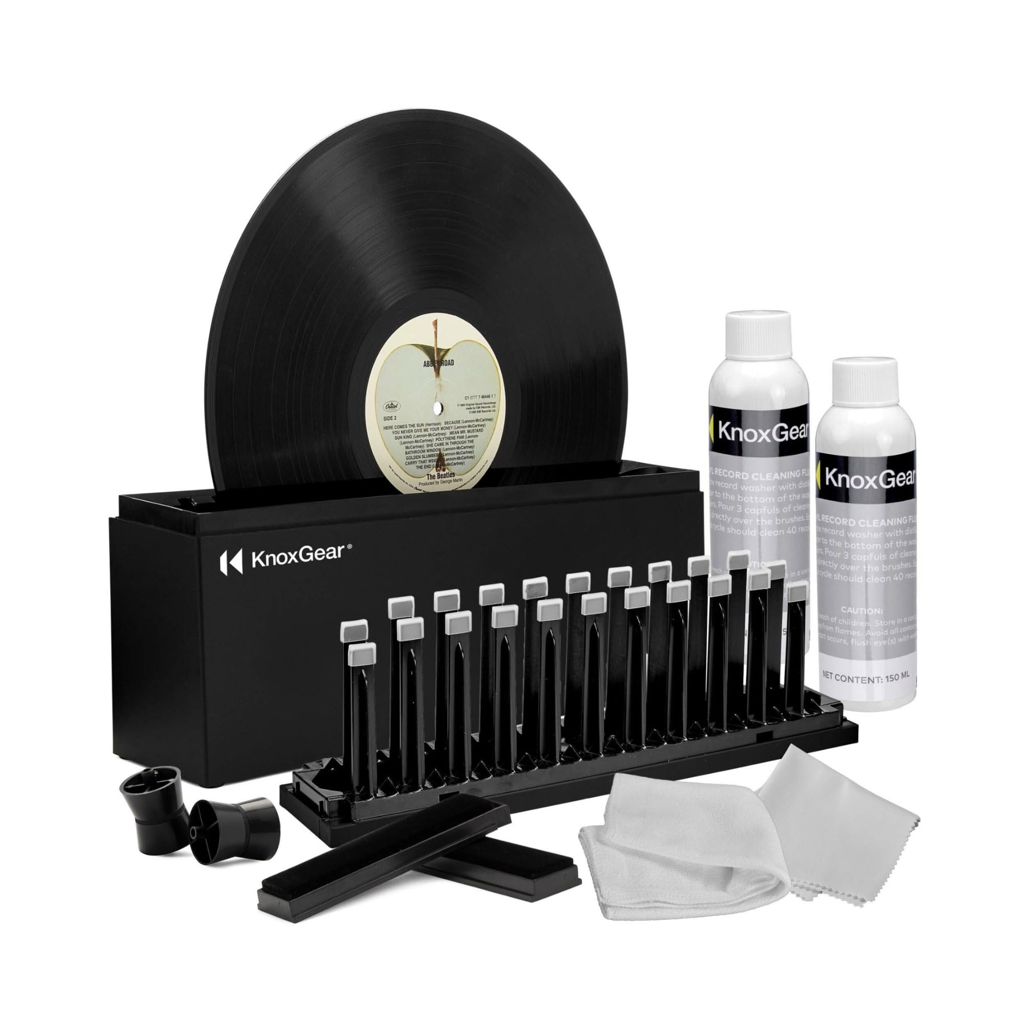 Knox Gear Vinyl Record Cleaning Kit to Reduce Static, Skips, Dust and Fingerprints - Includes Record Cleaner Fluid, 2X Disc Spin Record Brush