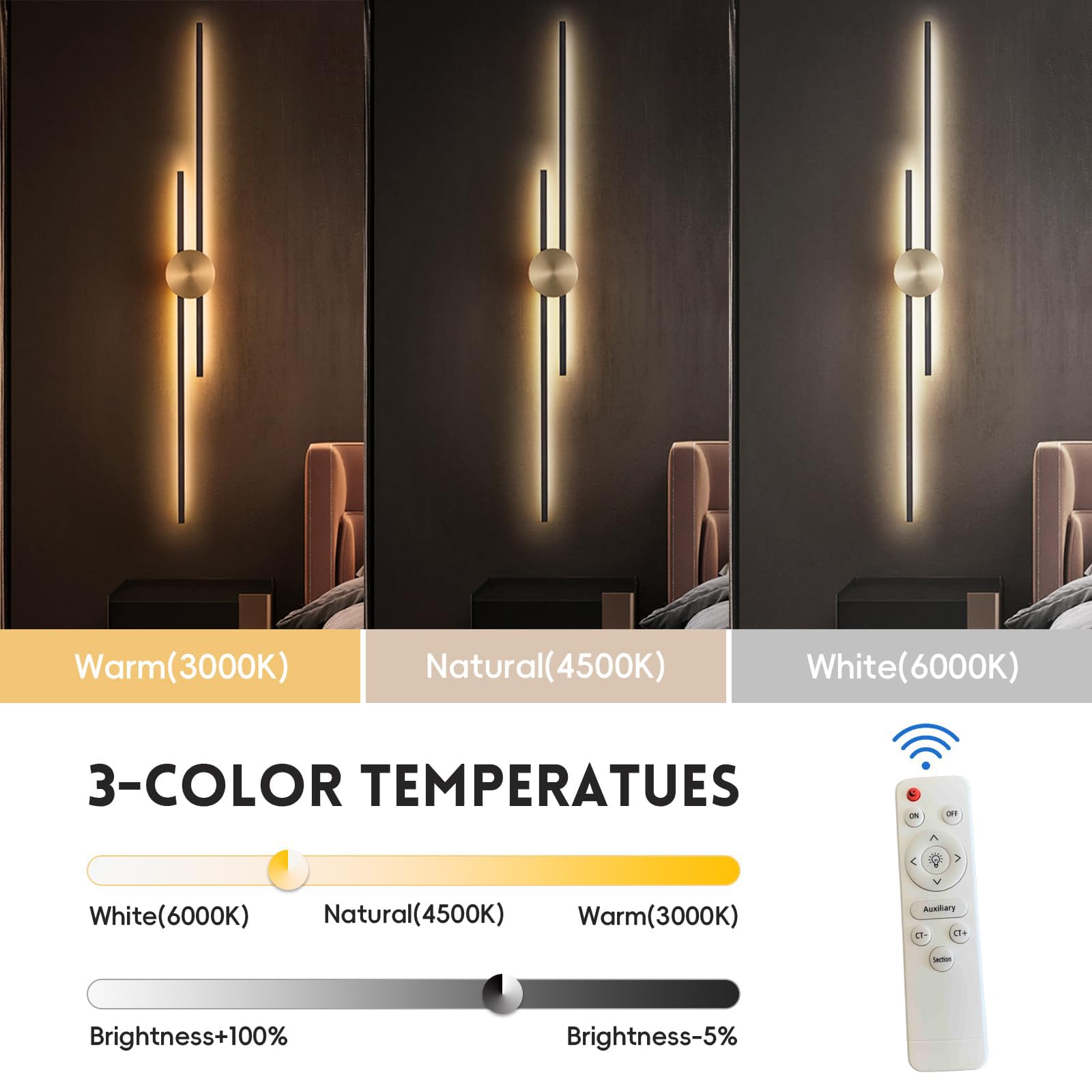 Lampa ścienna do wnętrz, możliwość ściemniania z pilotem zdalnego sterowania, LED, długa, aluminiowa, do salonu, korytarza, schodów, czerni i złota (122 cm, czarny)