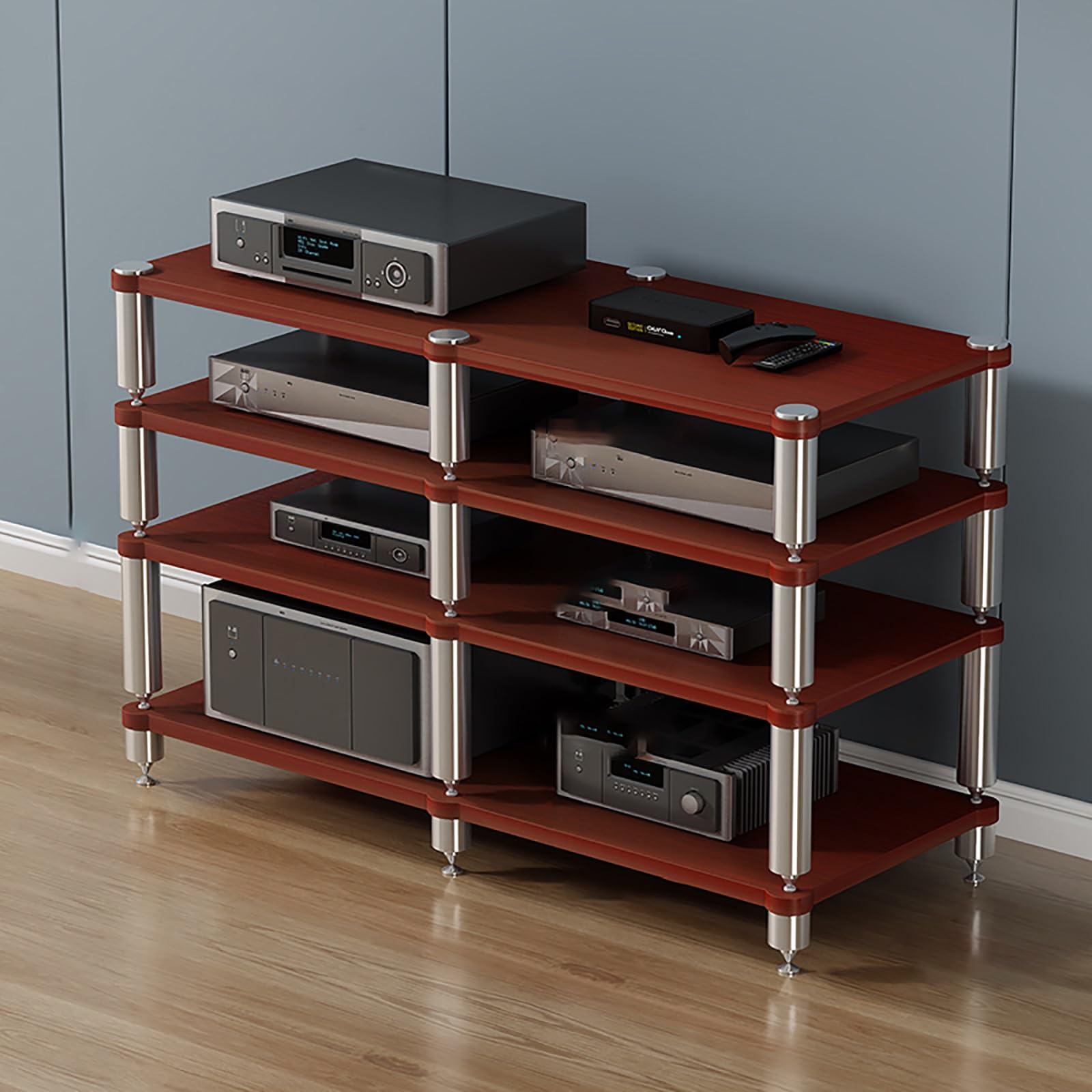Mensola e supporto da gioco moderno, finitura noce, 120 x 48 x 84 cm, mensola AV a più livelli con 4 ampi ripiani per console e accessori, elegante per l'intrattenimento domestico