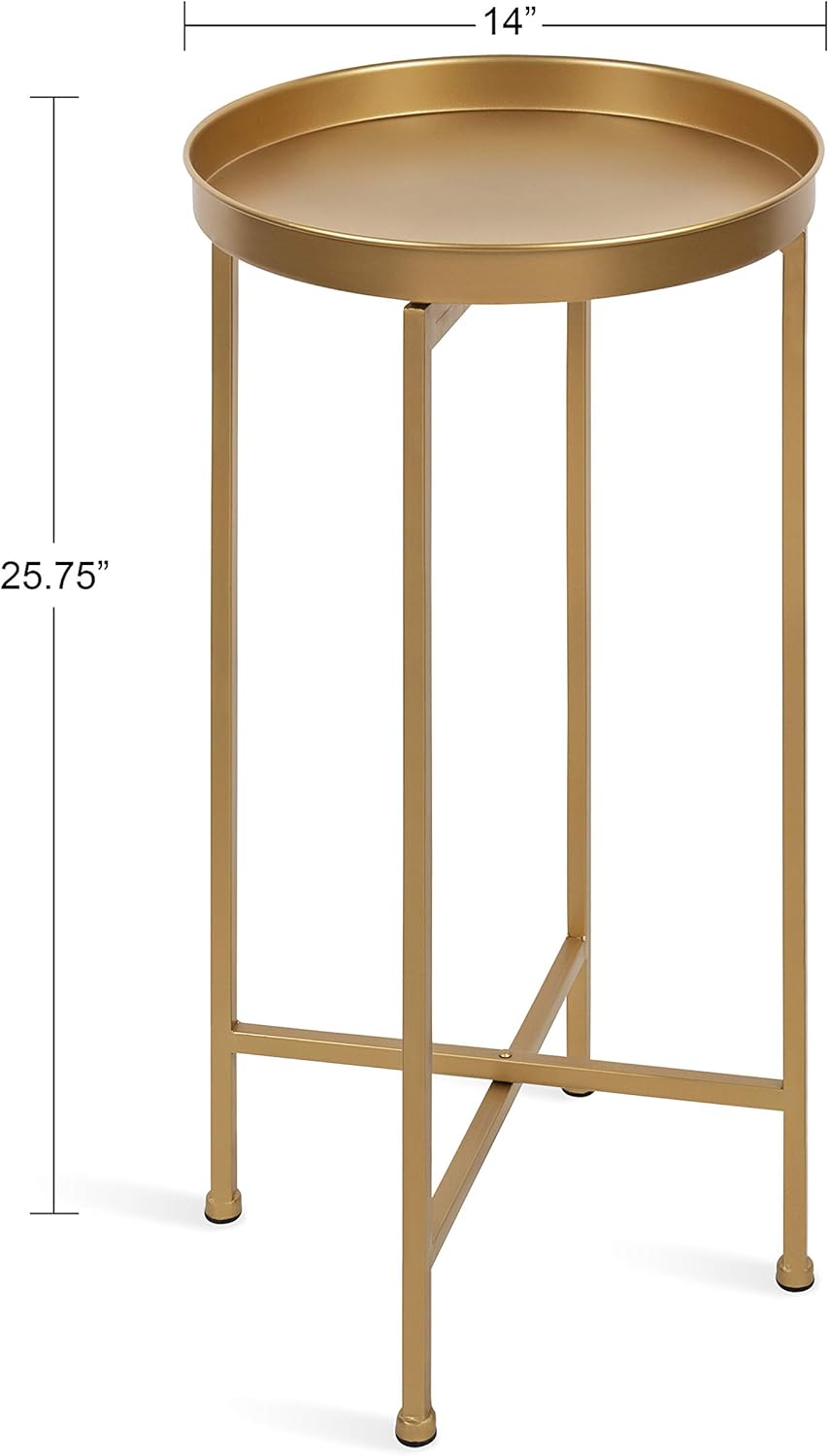 Kate and Laurel Celia Round Metal Foldable Accent Table with Tray Top, Gold