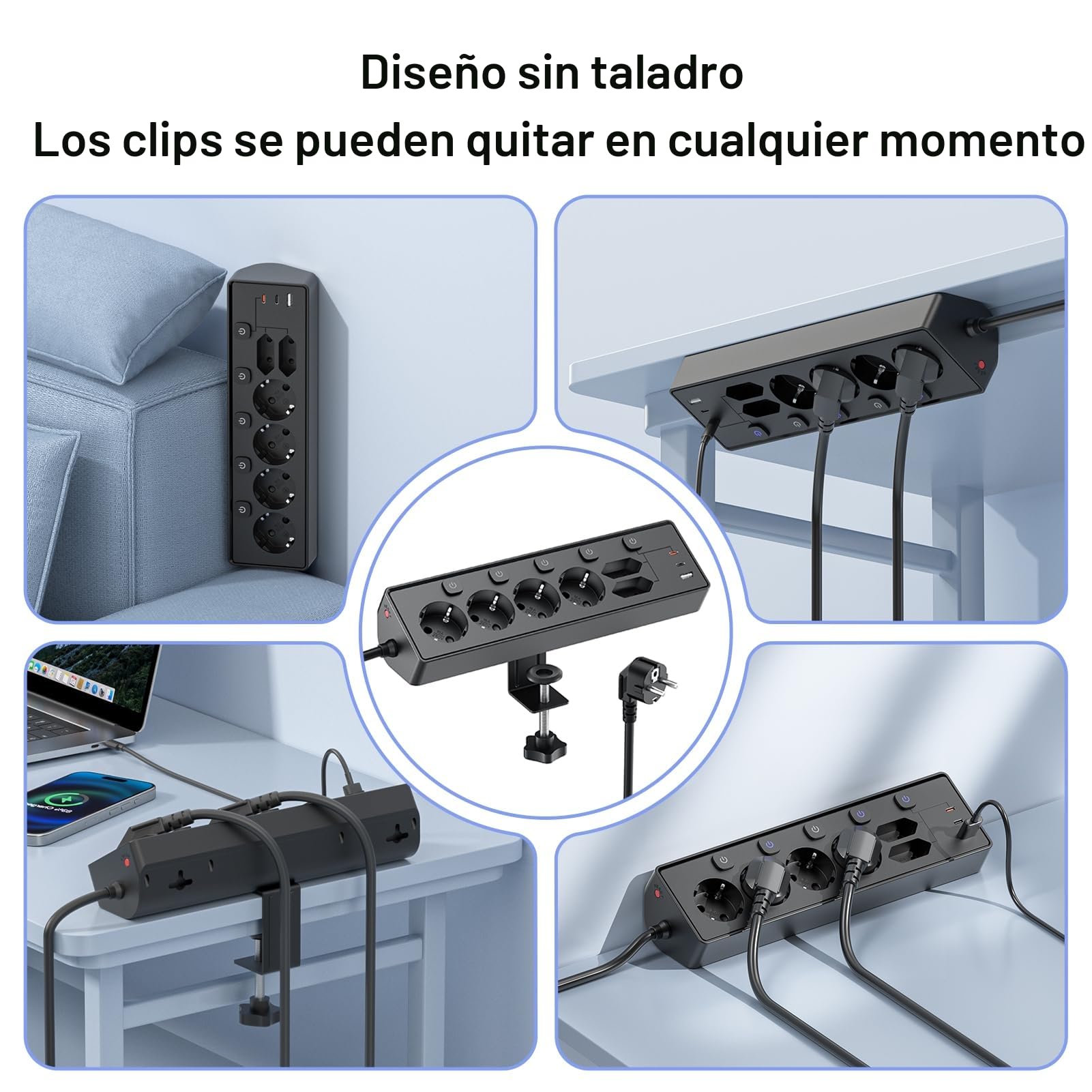 Regleta Escritorio con USB C (PD 30W), Interruptores Individuales Toma de Corriente de Escritorio, Regletas Enchufes Proteccion Sobretension, Cable de 2 Metros para Oficina en Casa,Cable 2M,Negro