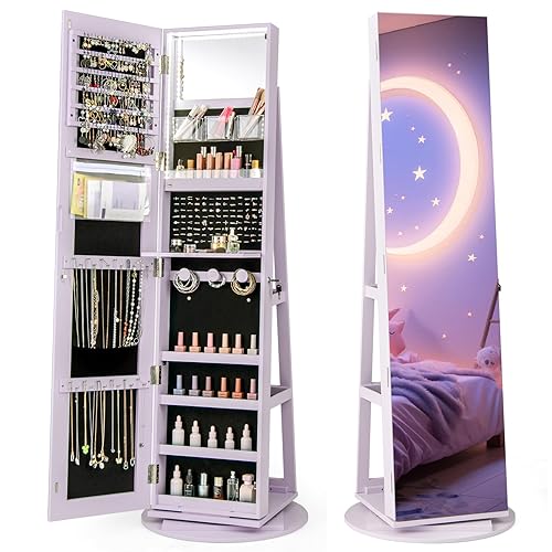 CHARMAID 360° Swivel Jewelry Armoire with Full Length Mirror, Rear Storage Shelves, Lockable Standing Jewelry Cabinet Organizer with Interior Vanity Mirror and 3-Color Lights (Lavender) - Lavender