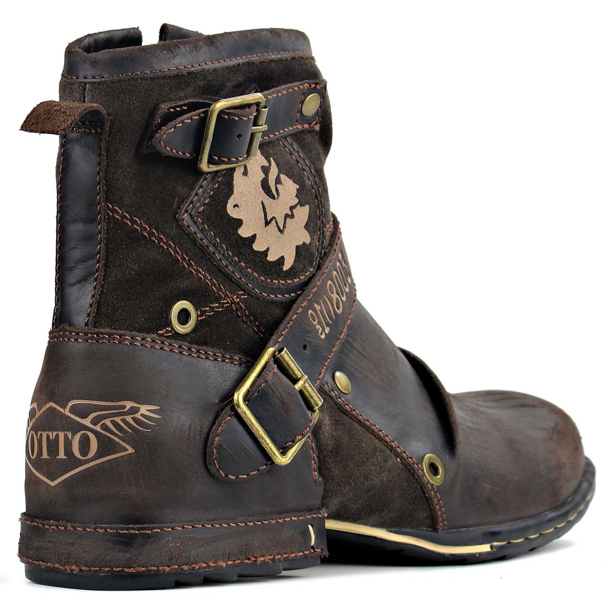 OSSTONE Herren Leder chukkastiefel Worker Biker Boots-Motorrad-Leder-Schuhe für reißverschluss Schnürstiefeletten Boots OS-5008-1-NH-DE-R