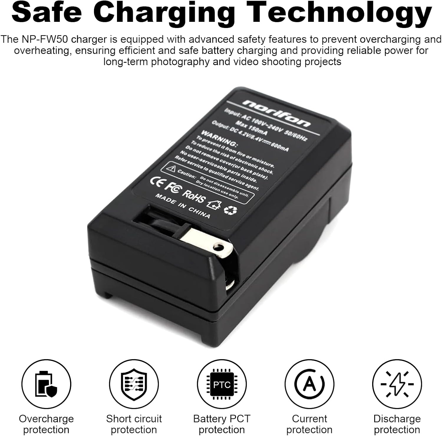 NP-FW50 Battery Charger for Sony Alpha ZV-E10, A6000, A6400, A6100, A6300, A6500, A5100, A7, A7 II, A7R, A7R II, A7R2, A7S, A7S II, A7S2, A5000, A55, RX10, NEX-3, 5, 7 Series Camera Portable Design