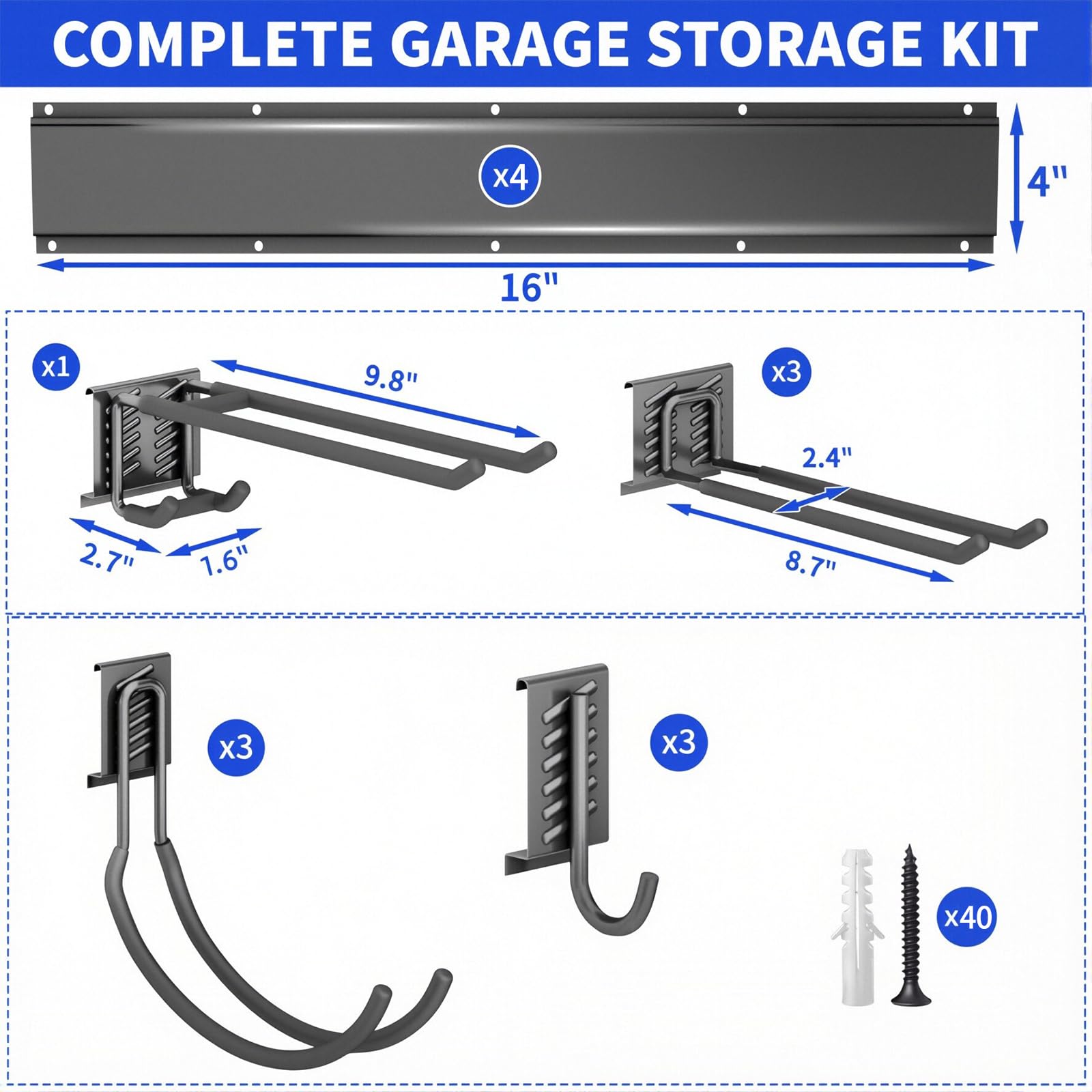 Organizer da parete per garage, 162,6 cm, resistente, facile da installare, con 10 ganci regolabili, per casa, garage, esterni, officine (nero)