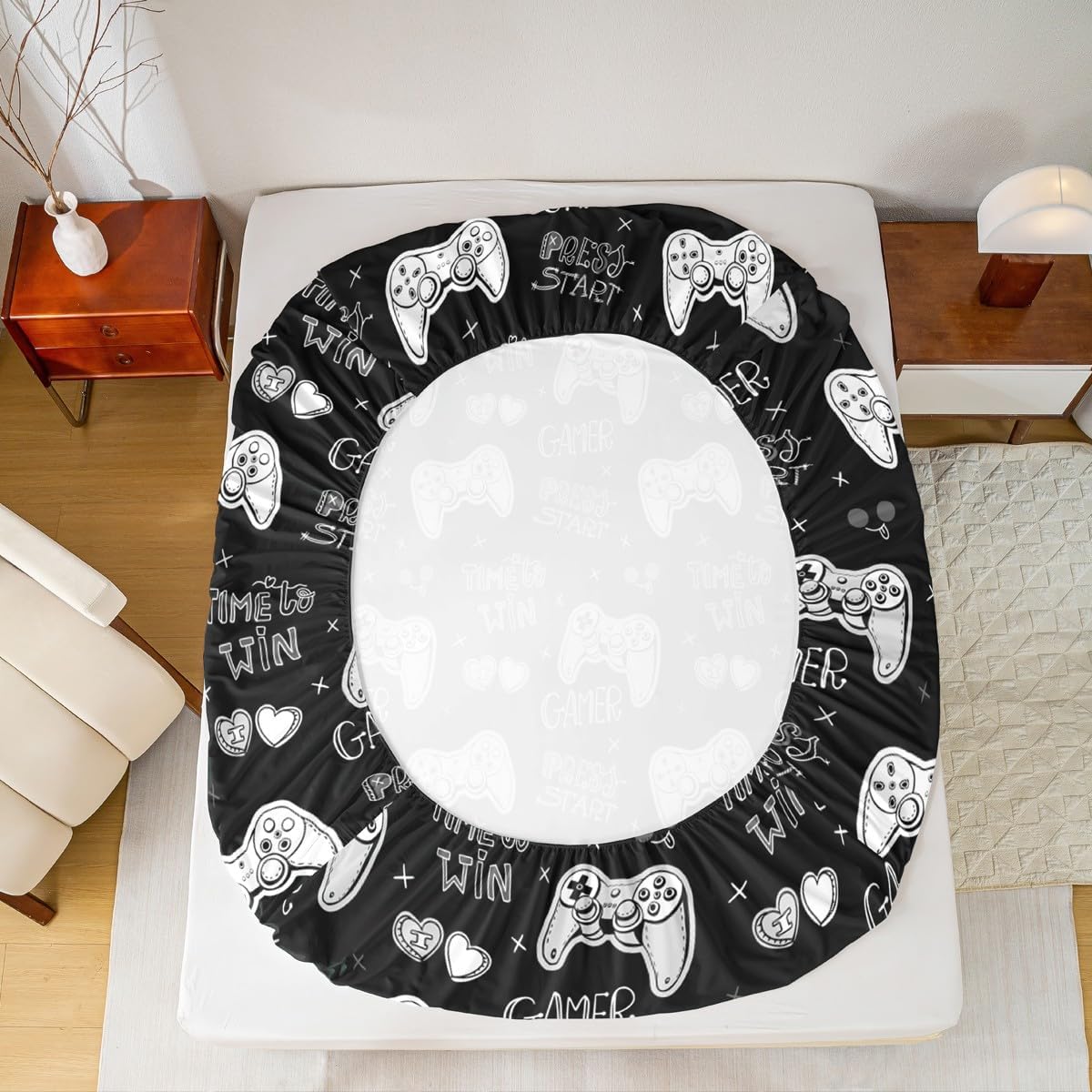 Erosebridal Gamer Fitted Sheet Full Size,Gaming Bedding Sets for Kids Boys Girls Teens,Video Games Fitted Bed Sheets,Sketch Gamepad Controller Buttons 3 Piece Bedding Decor Set Black White image 3
