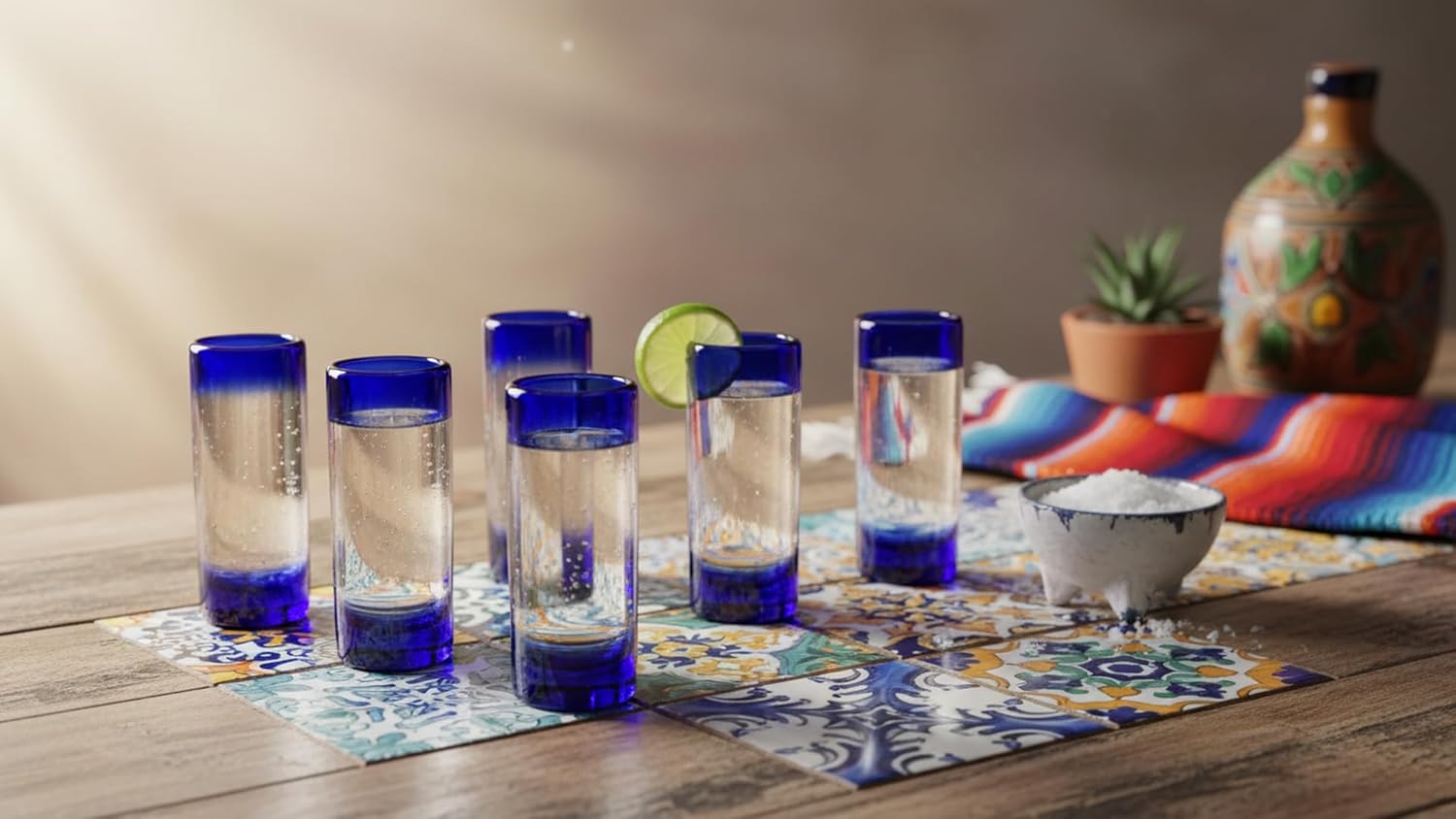 Hand Blown Mexican Tequila Shot Glasses - Set of 6 Cobalt Blue Rim (3oz) - Authentic Artisanal Recycled Glass for Mezcal & Fiesta Decorations