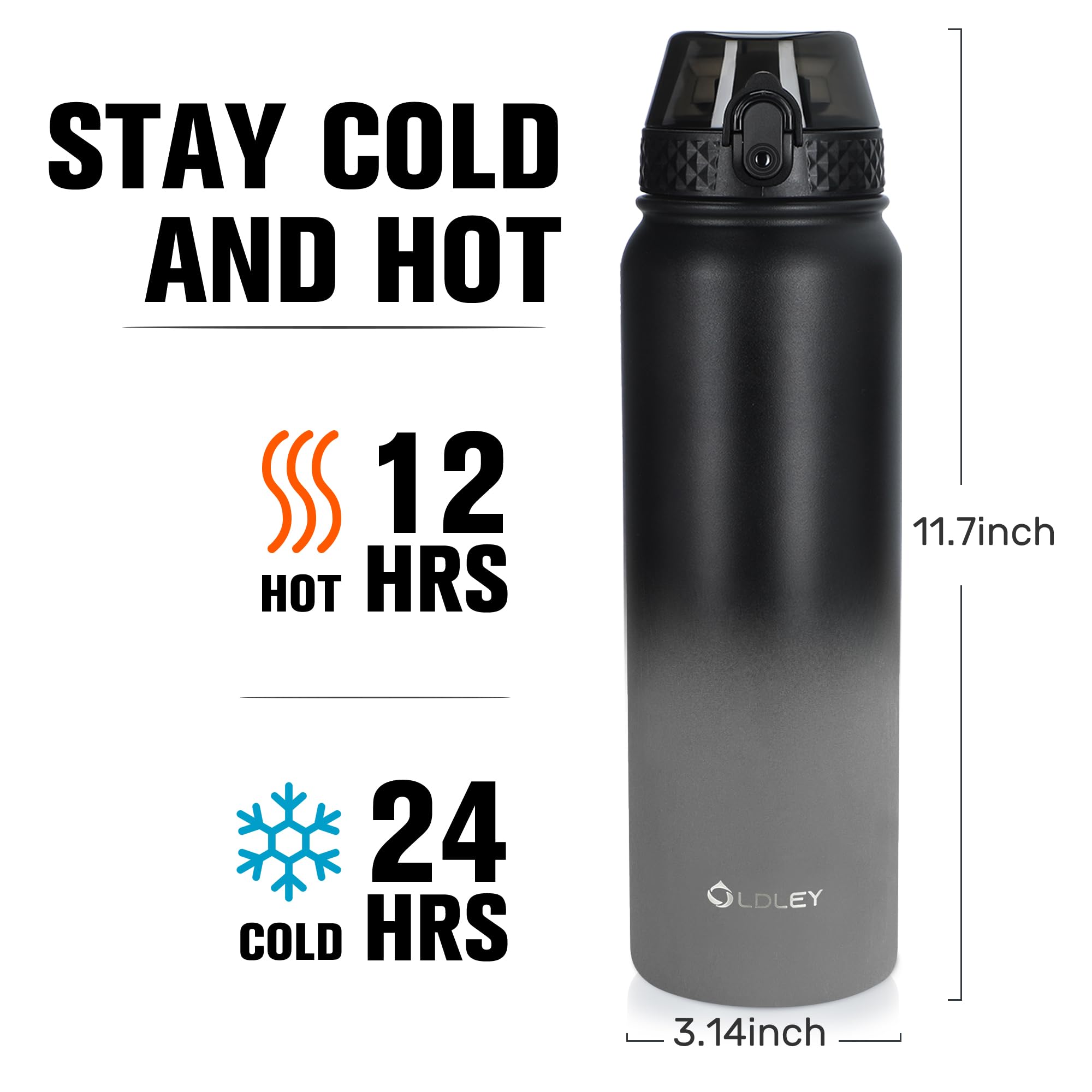OLDLEY Stainless Steel Water Bottle with Straw 1L Vaccum Insulated Large Drink Flask Metal Water Bottles 1 Litre Leakproof Keep Drinks Hot Cold for Sports Gym with Different Lids(Black Grey - Image 3
