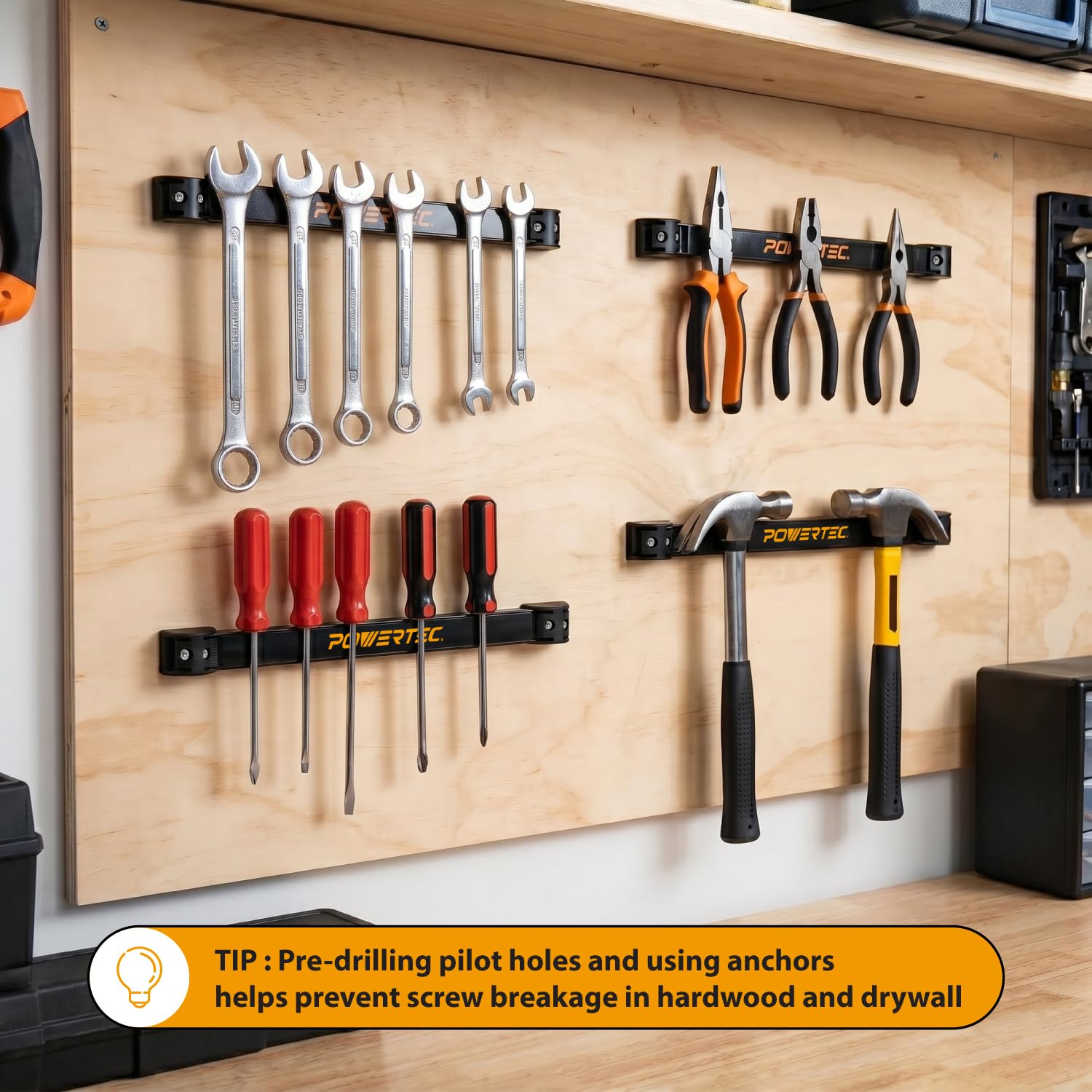 POWERTEC Magnetic Tool Holder Strip 12" 4PK, Metal Magnet Tool Bar Organizers for Garage, Workshop & Kitchen w/Mounting Screws, Space Saving Shop Organization Accessories (71965) — Amazon image 3