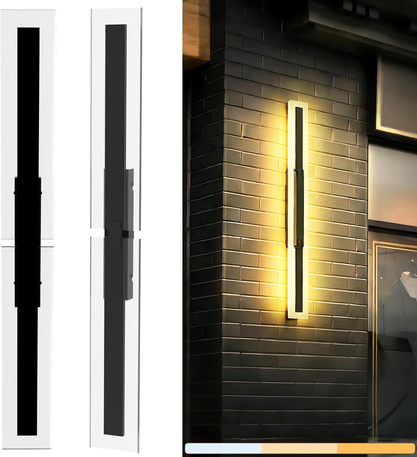 30W 2 Pack Outdoor Wall Sconce with Switch, Dimmable Modern Wall Light Fixture Indoor Long Strip, Ip65 Waterproof Black Led Wall Light 3000K/4500K/6500K for Living Room Porch Corridor 33.46 in