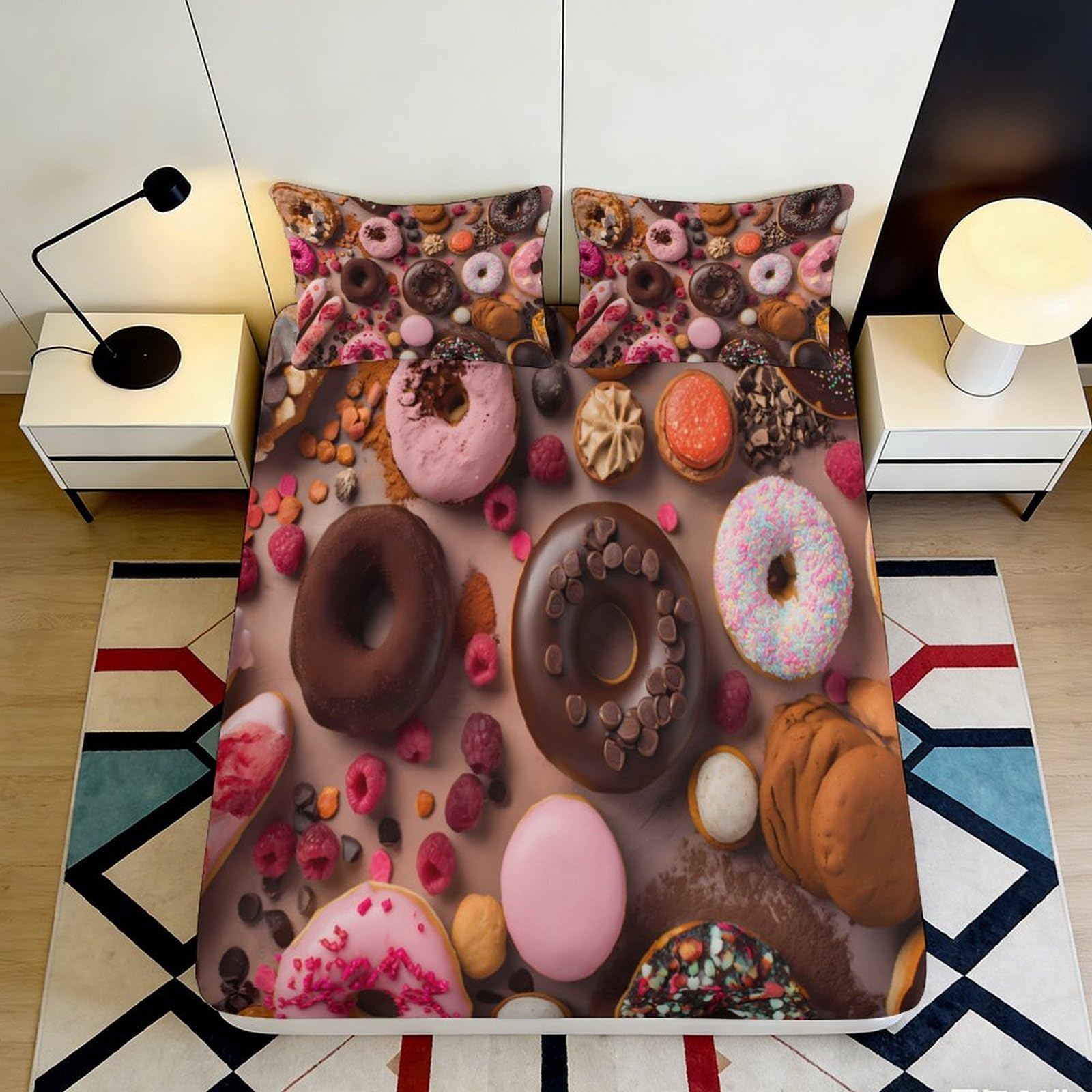 3D Printed Donut Dessert Fitted Sheet Microfiber Bedroom Decor Chocolate Pastry Mattress Cover for Home Dorm 90x200x25cm