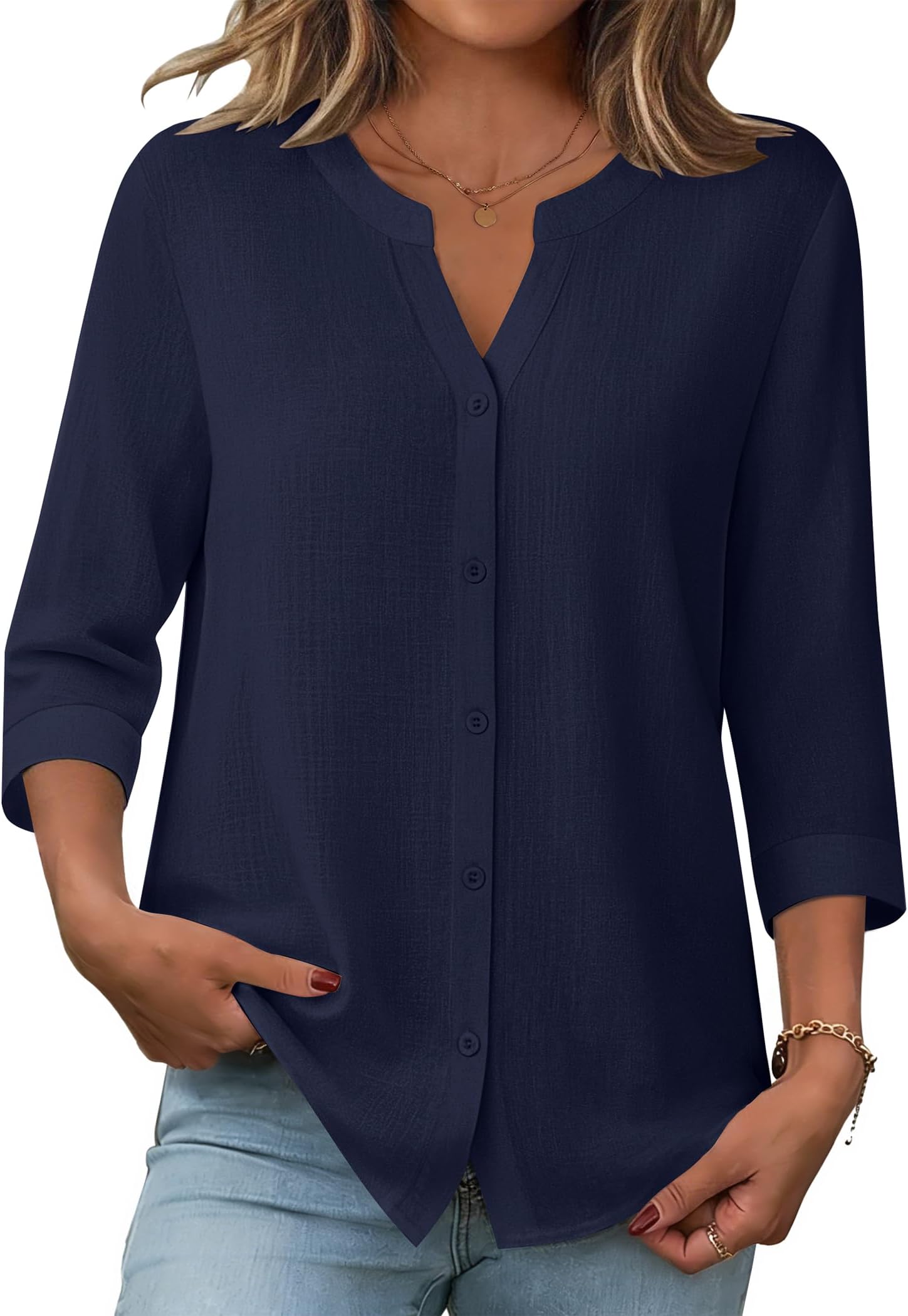 Button Down Shirts for Women 3/4 Sleeve Linen Cotton V Neck Tops Dressy Casual Loose Work Blouses