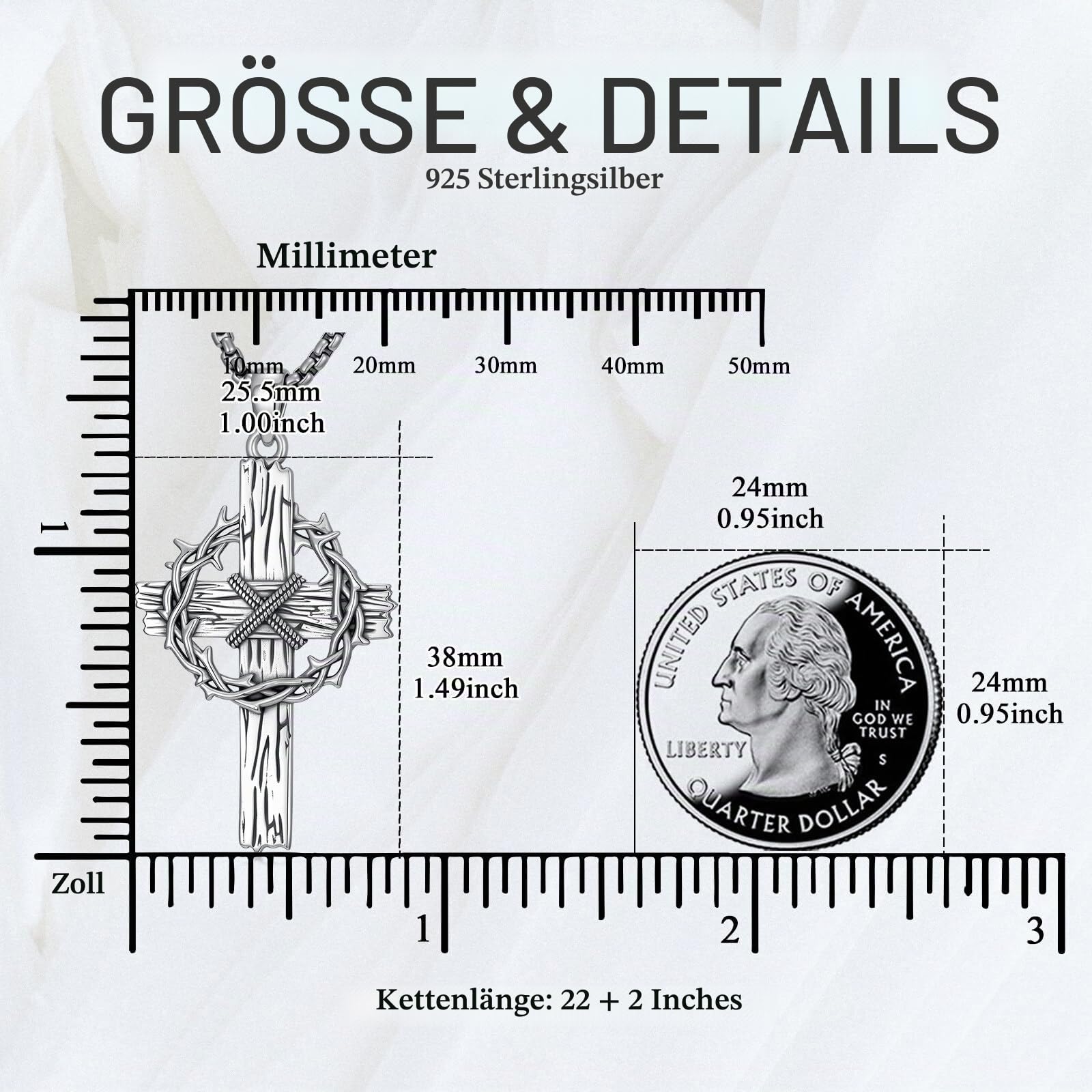 Kreuz-Halskette mit Josua 1:9, 925er Sterlingsilber, Dornenkrone Kreuz-Anhänger, Schmuck für Herren, inkl. Edelstahl-Kette 55 cm + 5 cm Verlängerung