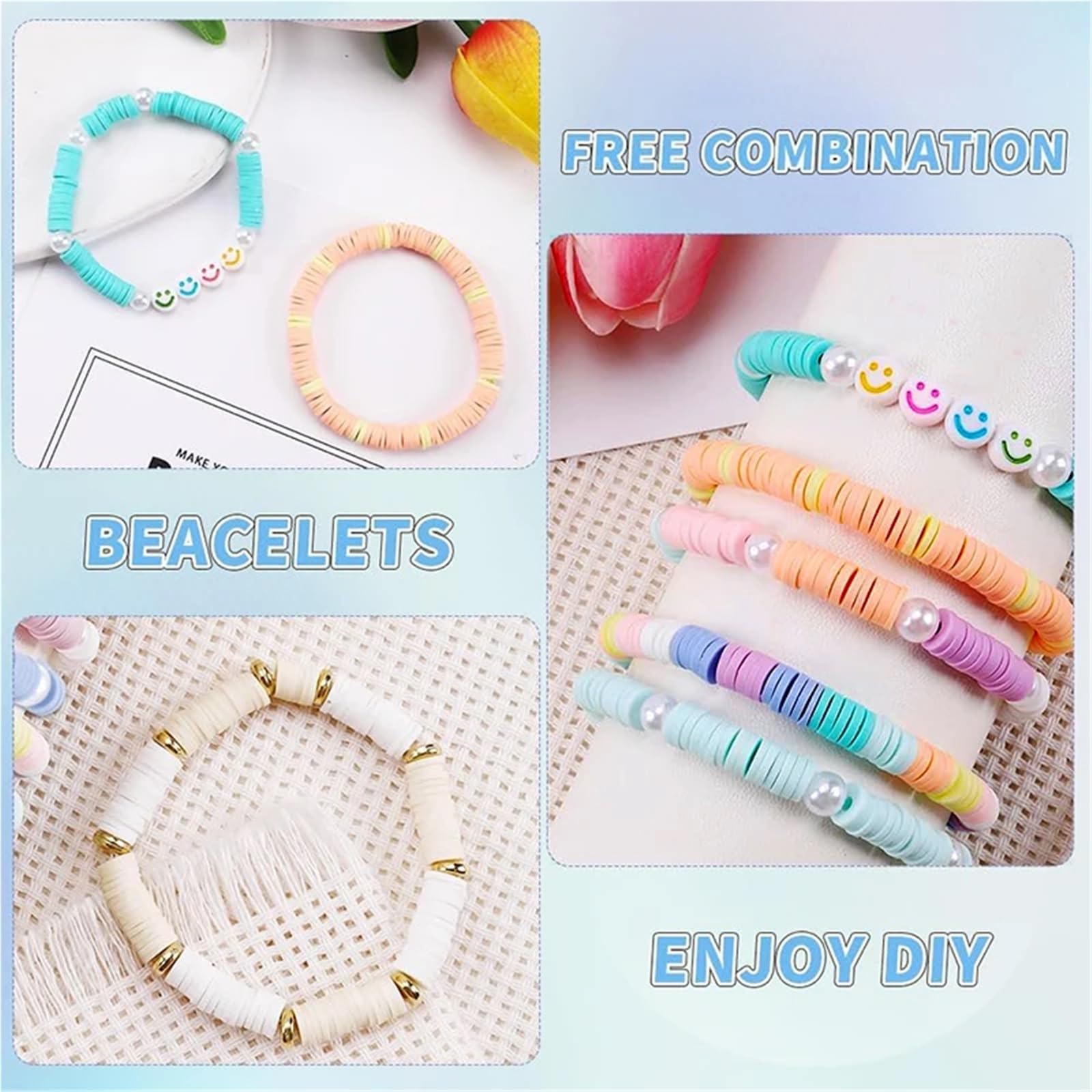 Ayztantine Juego de 3860 cuentas arcilla polimérica color macarrón, planas for hacer pulseras y collares únicos, con letras, accesorios bricolaje Juego Hacer Pulseras