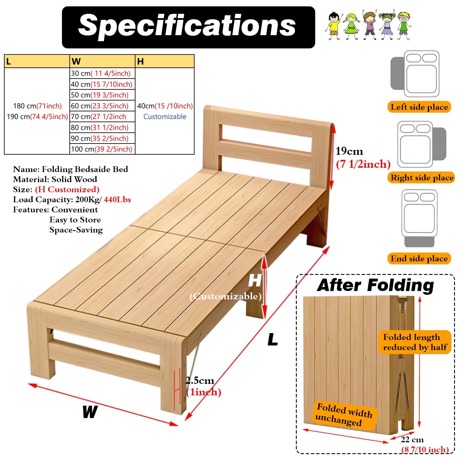 Cama portátil para bebés y niños pequeños, plataforma plegable resistente, de madera maciza, ideal para apartamentos pequeños y dormitorios, cuna temporal (largo 200 x ancho 30 x alto 40 cm)