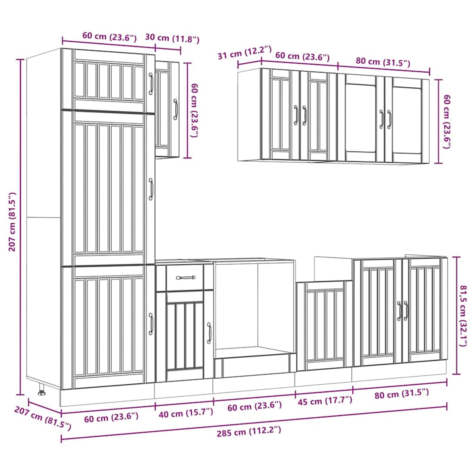 ATOMSTACK MAKER Set di 8 mobili da cucina Kalmar effetto legno anticato – legno e vetro, piedini regolabili, per cucina da incasso (lavello, forno, pensili + copertura lavastoviglie)