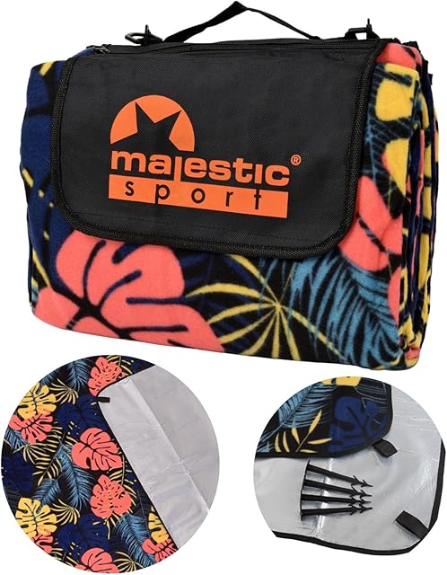 MAJESTIC SPORT Koc Piknikowy dla Czterech Osób Łatwy w Czyszczeniu Montaż do Podłoża Polar Miękki Miły w Dotyku Kieszonka na Suwak Pasek na Ramię 200x200cm Kwiaty