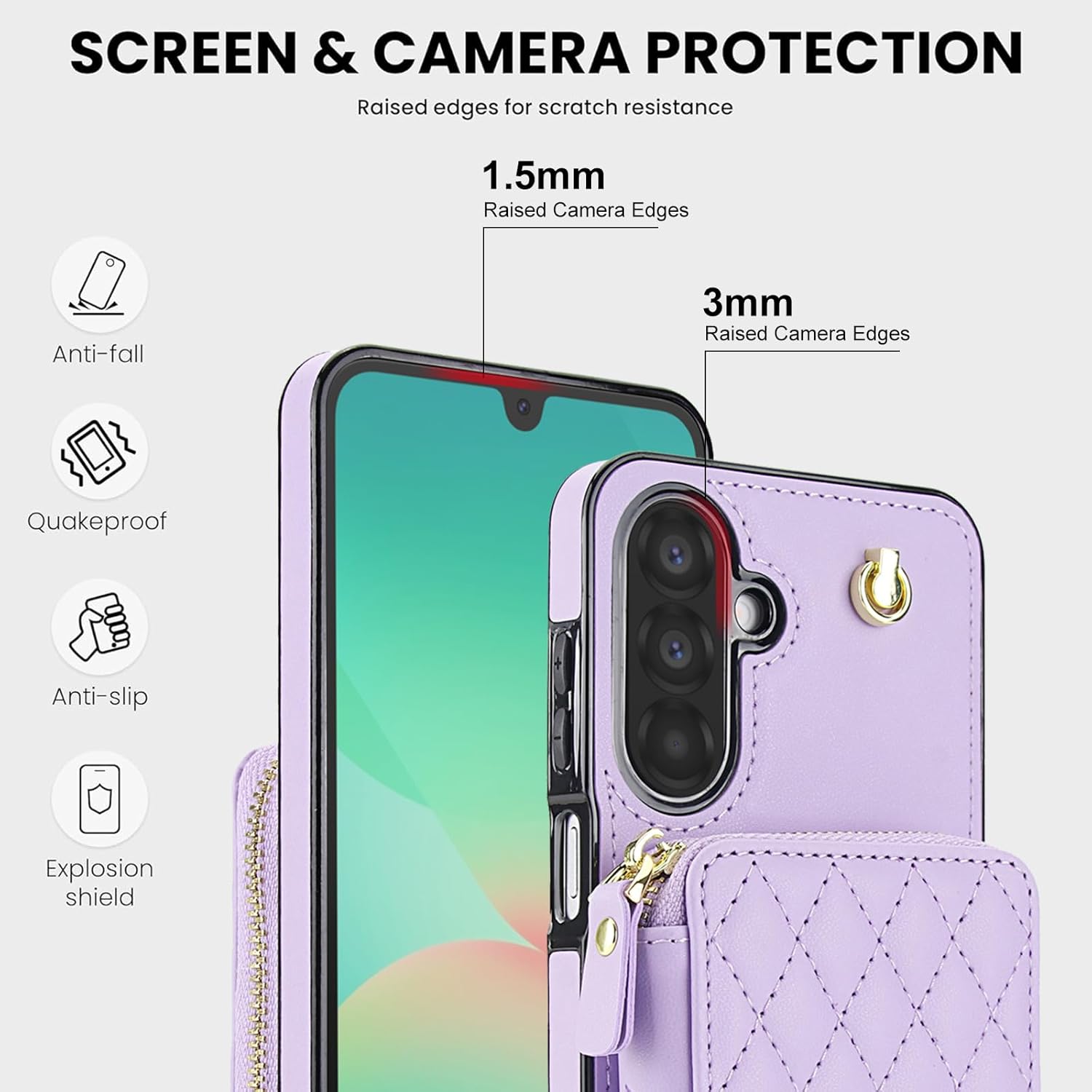 Phone Case for Samsung Galaxy A26 5G Wallet Cell Cover with Tempered Glass Screen Protector Wrist Crossbody Strap Lanyard Stand RFID Blocking Credit Card Holder Slot A 26 26A LTE Women Girls Purple