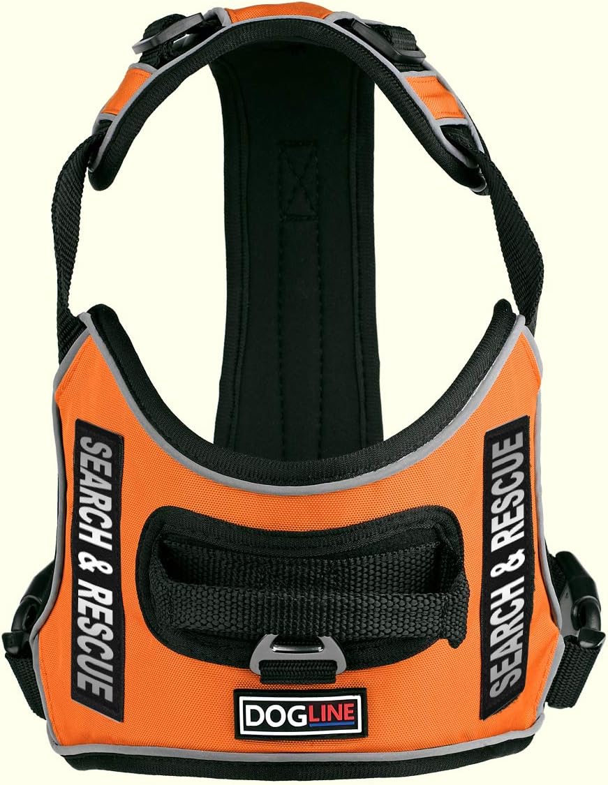Dogline Quest No-Pull Dog Harness with Search & Rescue Reflective Removable Patches Soft Comfortable Dog Vest with Quick Release Dual Buckles Black Hardware and Handle 36 to 45 inches Orange