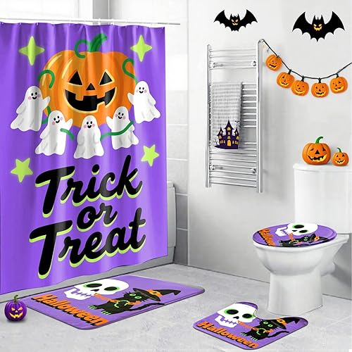 Juego de 4 cortinas de ducha de Halloween, juego de baño de Halloween con cortina de ducha y alfombras, cubierta de tapa de inodoro, cortina de