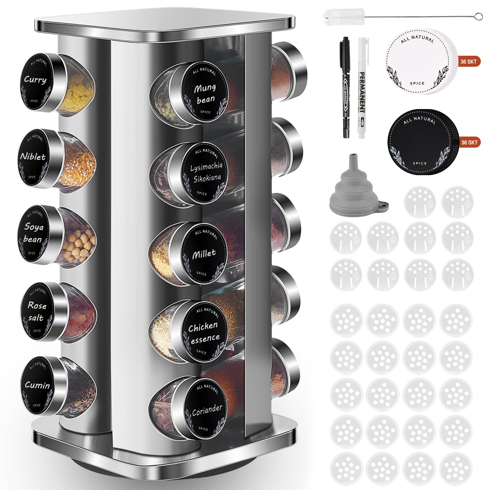Especieros para Cocina Cuadrado con 20 Botes para Especias,Soportes para Botes de Especias Giratorio 360°-Tarro de Especias con Tapa de Acero Inoxidable,Especieros