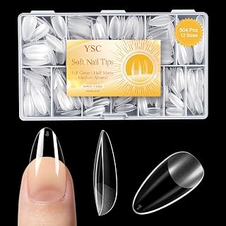YSC Medium Almond Soft Gel Nail Tips, 504PCS 12 Sizes, Flexible Pre Etched Semi-Matte Full Cover Press On Nails, Thin Edges & Reinforced Tips, Flatter C‑Curved Nail Extensions for DIY & Salon Use