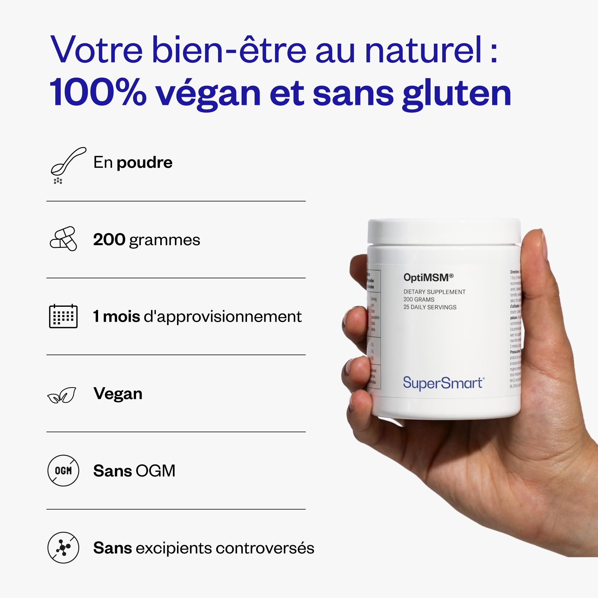 OptiMSM 200 G (Méthyle-sulfonyl-méthane) - Confort Articulaire - Aide à Atténuer les Douleurs Articulaires - Soufre Organique - Sans OGM - Vegan - Supersmart