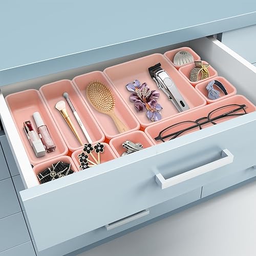 Miniatura 13 de 22 bandejas de organizador de cajones de escritorio con 3 tamaños diferentes, organizador multiusos de cajón de escritorio para cocina, baño, Rosa