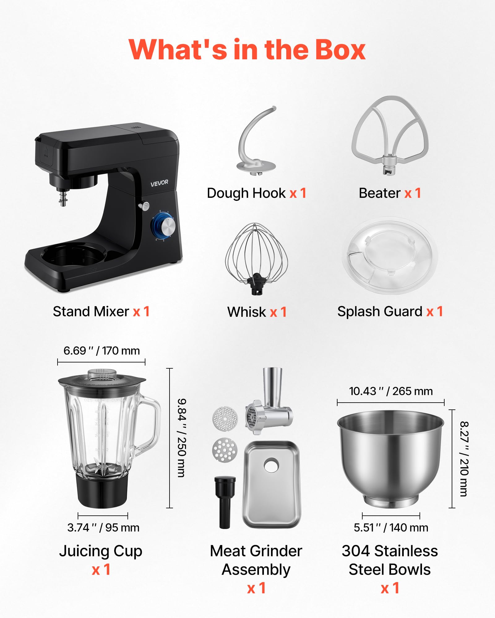 VEVOR multifunktionale Küchenmaschine elektrisch 1500 W mit Edelstahlschüssel (7,8 L) & Mixbecher (1,5 L), Knetmaschine Teigmixer mit 6+P Geschwindigkeiten & Knethaken & Schneebesen & Rührbesen