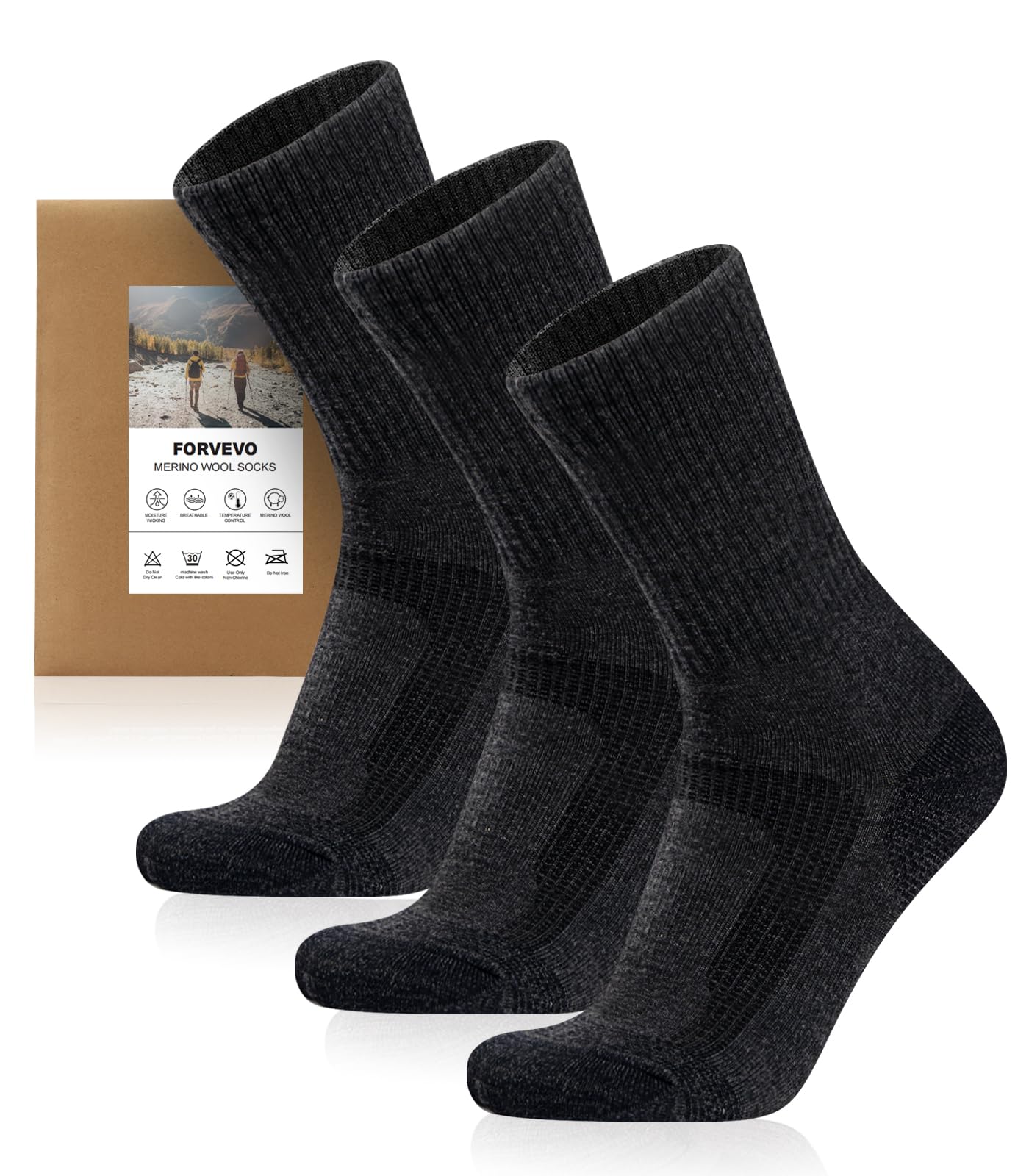 FORVEVO Merino Wandersocken Herren Damen 3 Paar, 60% Wollsocken Herren Gepolstert, Thermo Wintersocken, Sportsocken für Trekking Outdoor