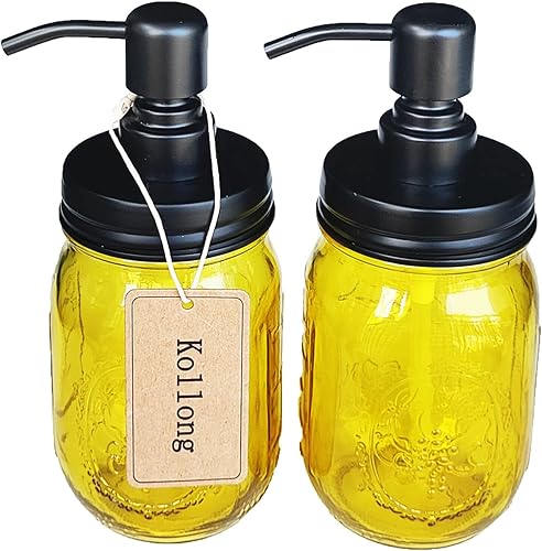 Kollong Dispensador de jabón en tarro Mason con botella de vidrio ámbar de 16 onzas y tapa de bomba de acero inoxidable negro, uso para dispensador