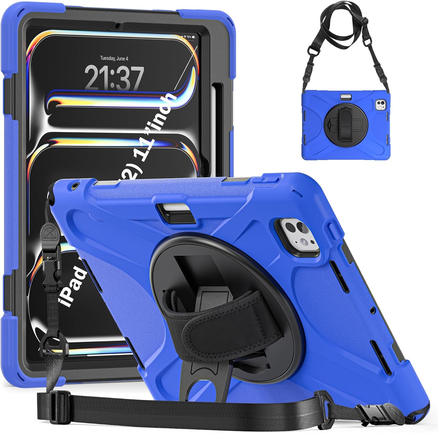 Case for 11 inch iPad Pro 11 M4 2024 (A2837/A2836), 360 Rotating Hand Strap Shockproof Protective Cover with Shoulder Strap, Navy Blue
