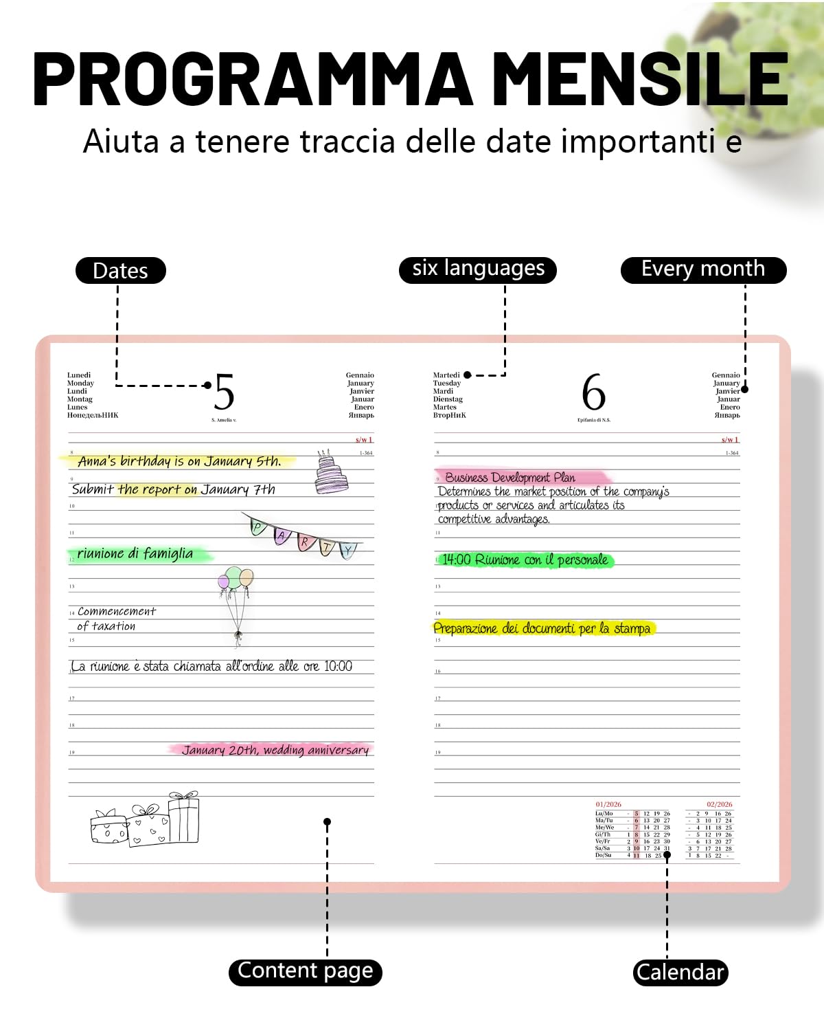 （Gen.-Dic.2026）HW CASA Agenda Giornaliera 2026 Taccuino, Formato A5, Gennaio-Dicembre 2026, Festività Internazionali (DE/IT/ES/EN/FR)