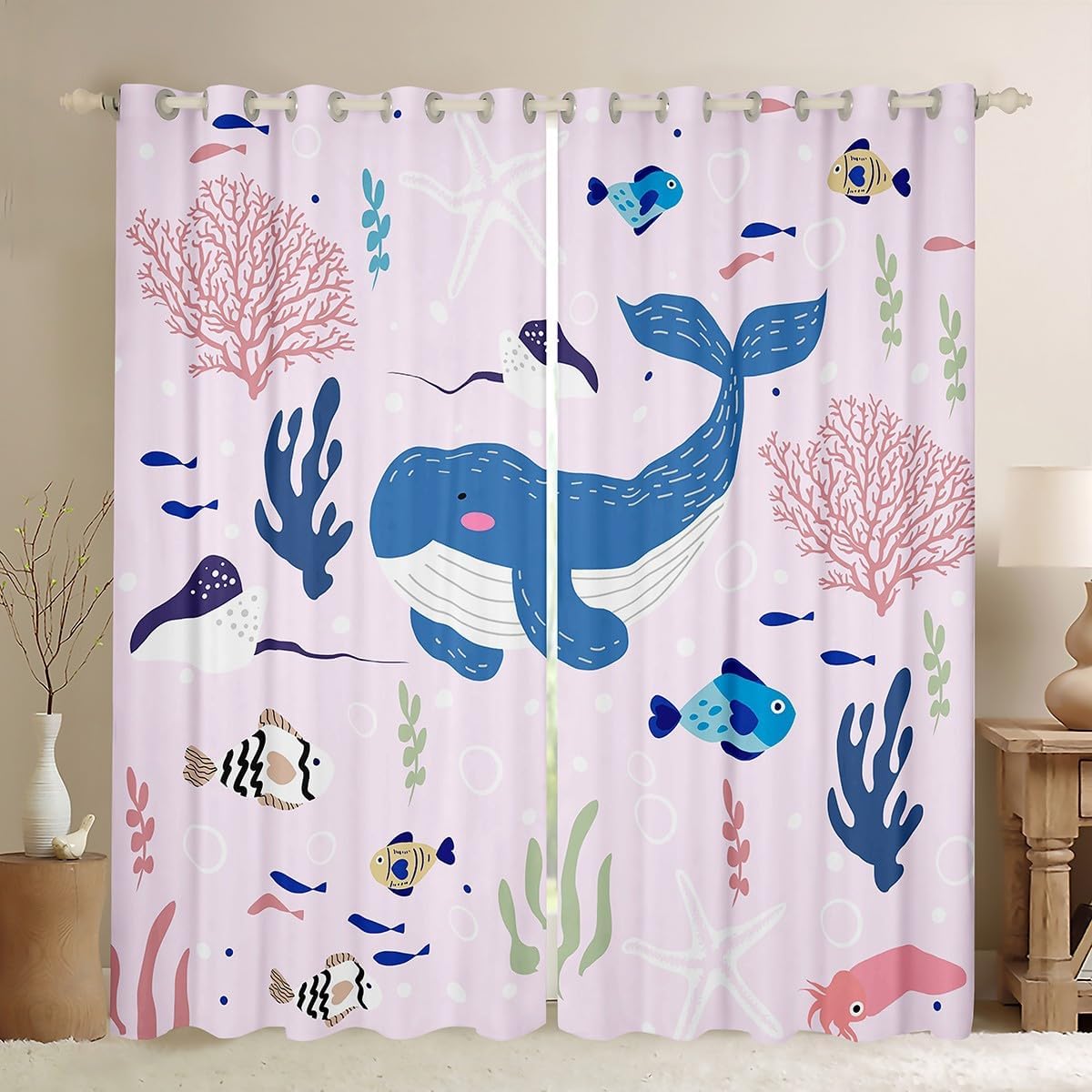 Watercolor Underwater World Kids Adults Window Curtain,Cartoon Ocean Themed Window Treatment Curtain for Living Room Decor,Lovely Mermaid Girls Window Drapes for Bedroom Decor,42Wx84L