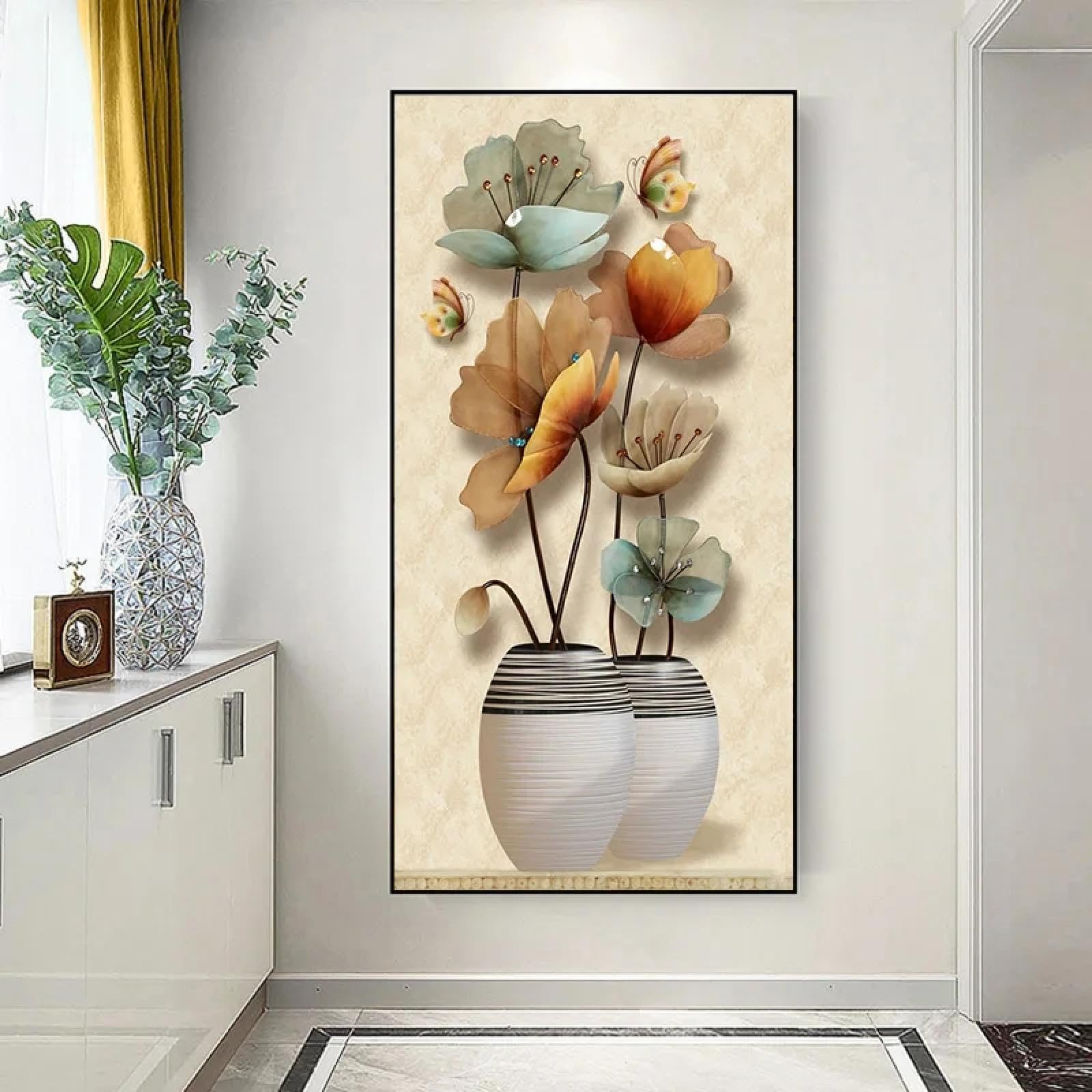 ZHAOLIN Retro Butterfly Flower Canvas Paintings Wall Art Pictures Chinese Style Vintage Poster And Prints for Hallway Stairs Aisle 40x80cm(16x32in) Frameless