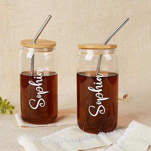 Miniatura 1 de Vaso de vidrio personalizado con popote y pajita, taza de café helado con nombre, regalo de fiesta nupcial, lata de vidrio personalizada de 16