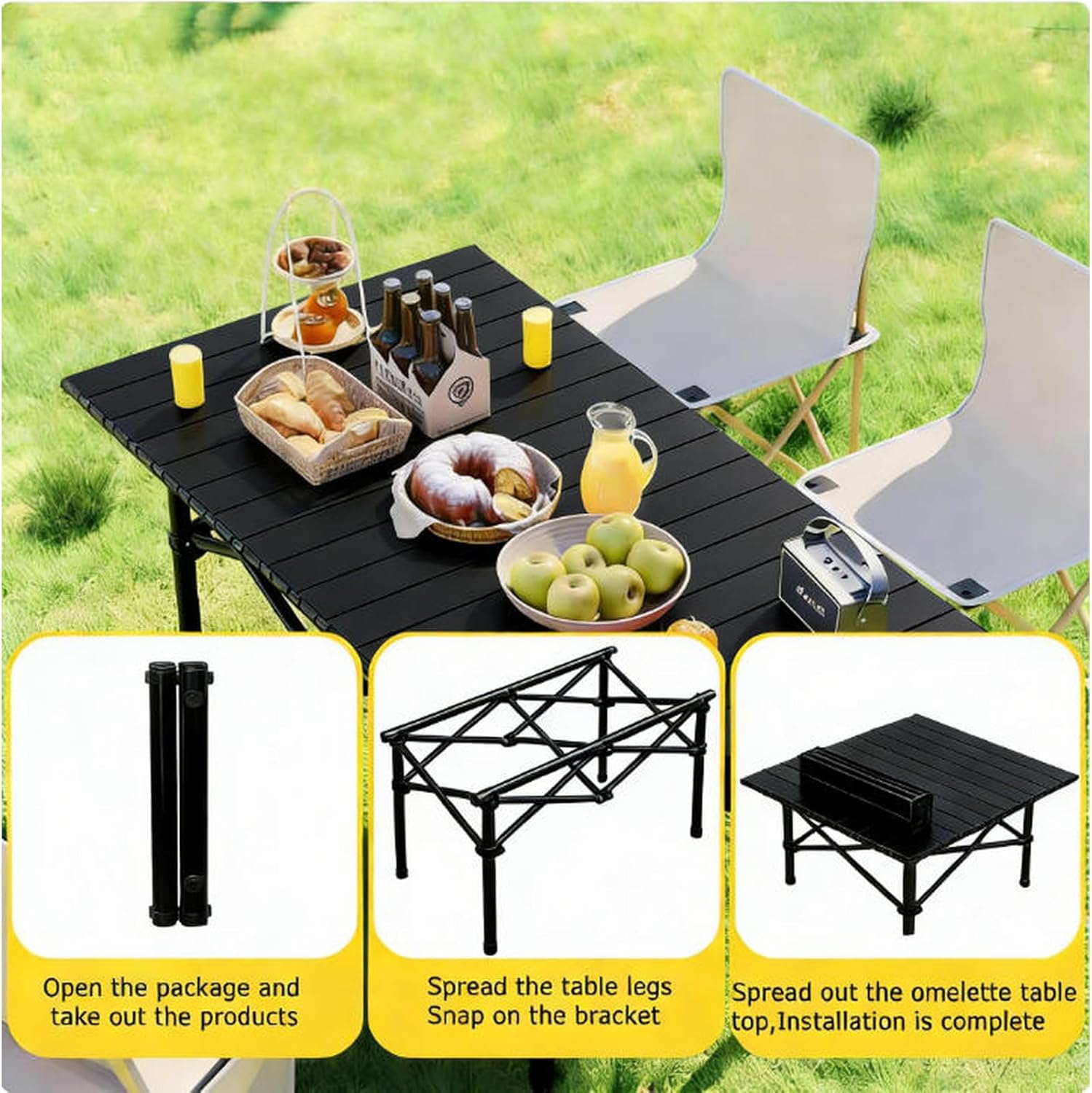 Folding Table and Chairs Set Portable Camping Picnic Set Egg roll Folding Beach Table with Carrying Bag for Outdoor Cooking,Picnic,Beach,Patio (Table+Chair*4PCS, Black)