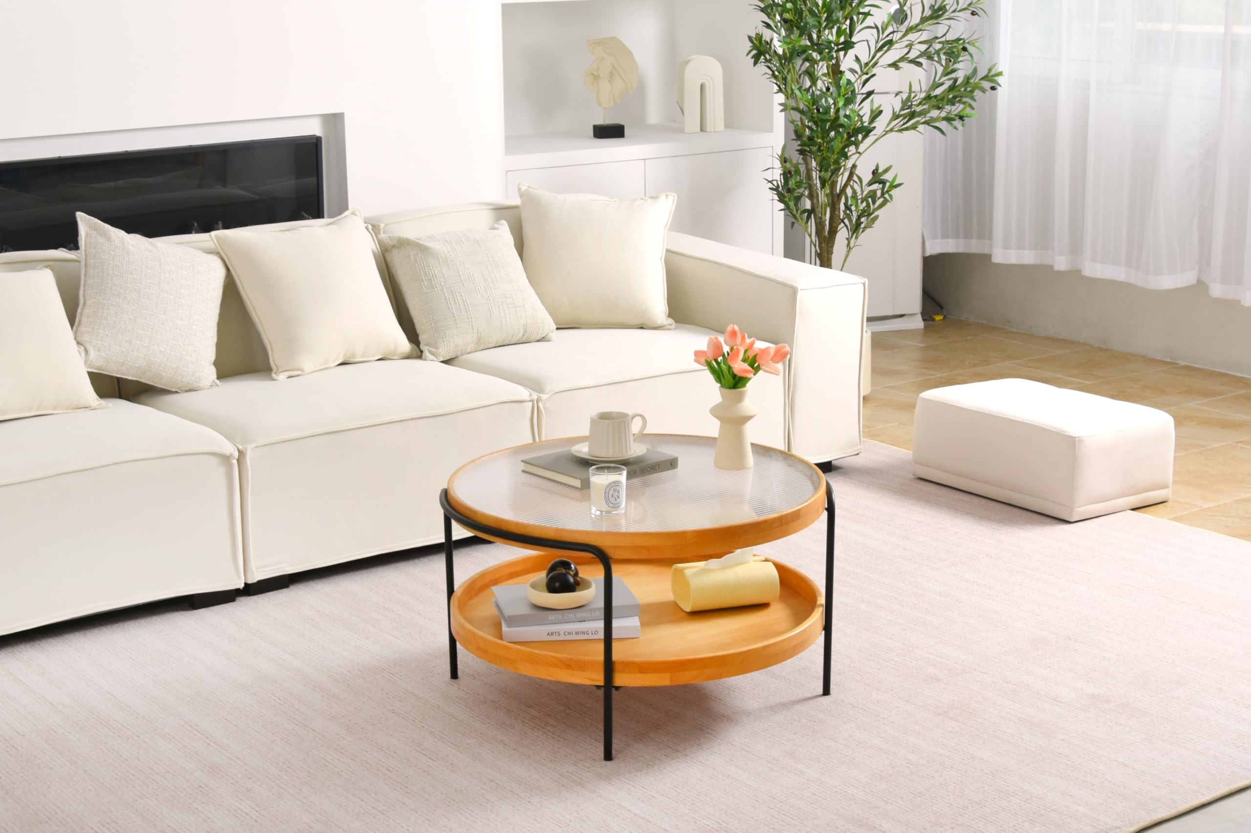 Couchtisch Rund Holz, 2-Tier Coffee Table aus Glas, Ø76x45cm