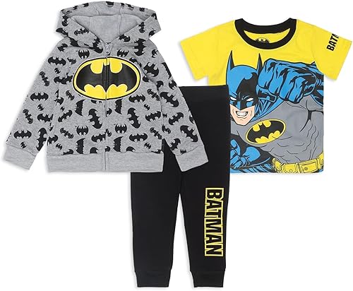 Warner Bros. Batman - Conjunto de sudadera con capucha y pantalón con cremallera para niños pequeños y pequeños, gris oscuroamarillonegro