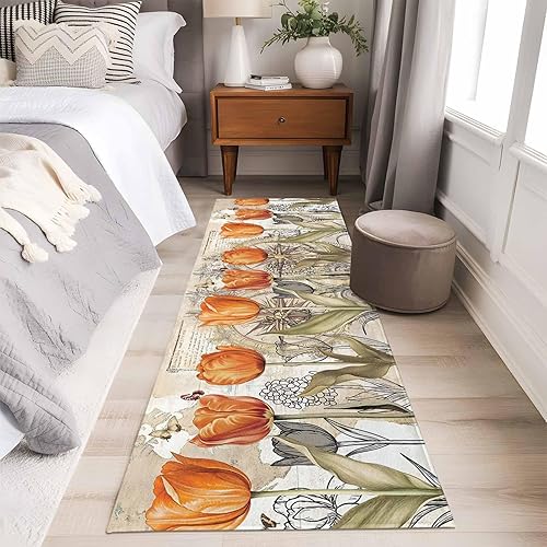 2x6 Area Rugs, Orange Flower Non Slip Area Rugs for Living Room, Bedroom, Barhroom, Entryway, Watercolor Retro Tulip Floral Butterfly Soft Kitchen disponible en Yaxa Colombia