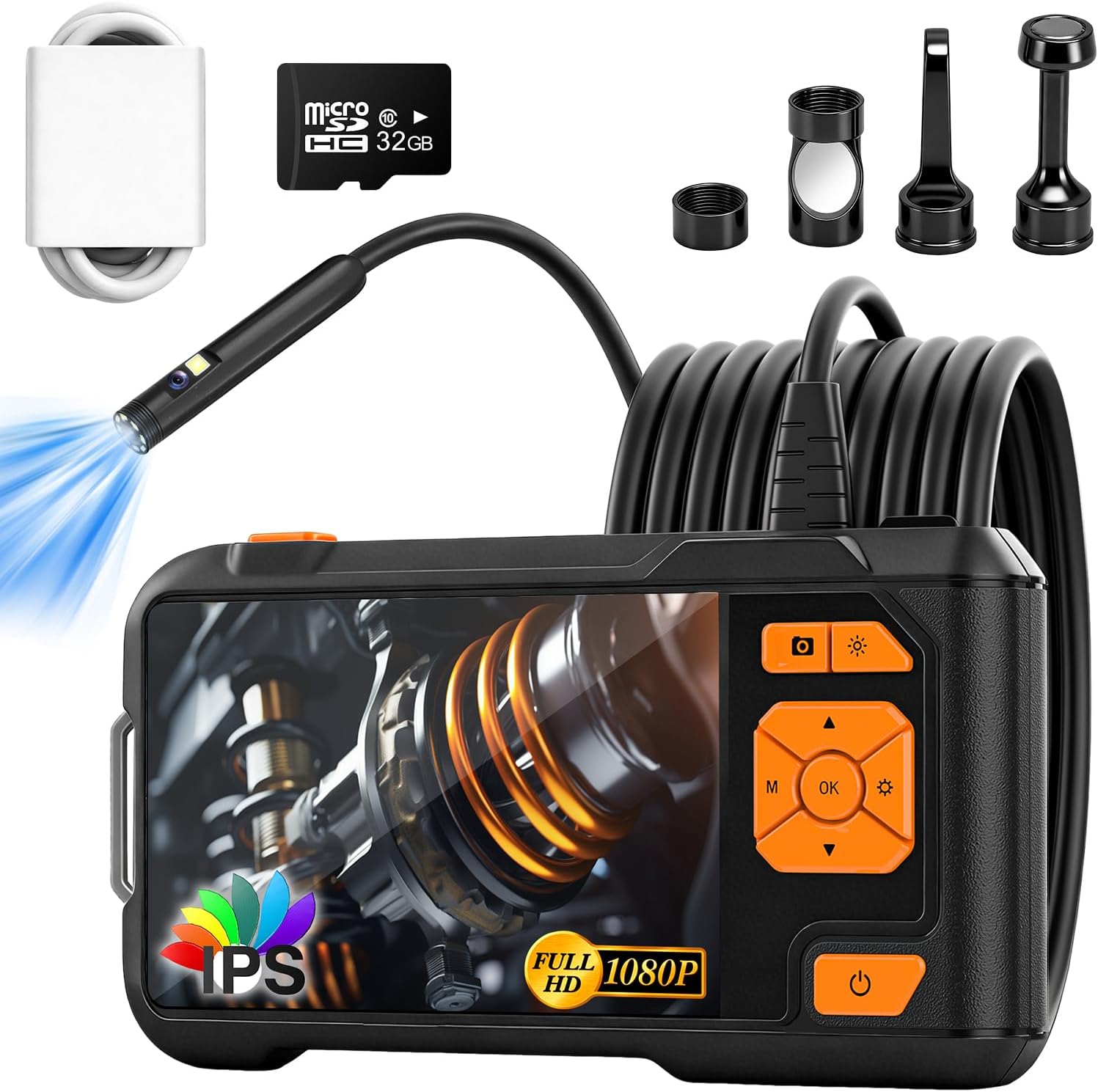 Dual-Lens Industrial Borescope Camera with 5" IPS Screen & 9 LEDs, 1080P High Def Pipe Inspection Camera, IP67 Waterproof Snake Cable, 32GB Card for Automotive Sewer Inspection, 7.9mm Probe