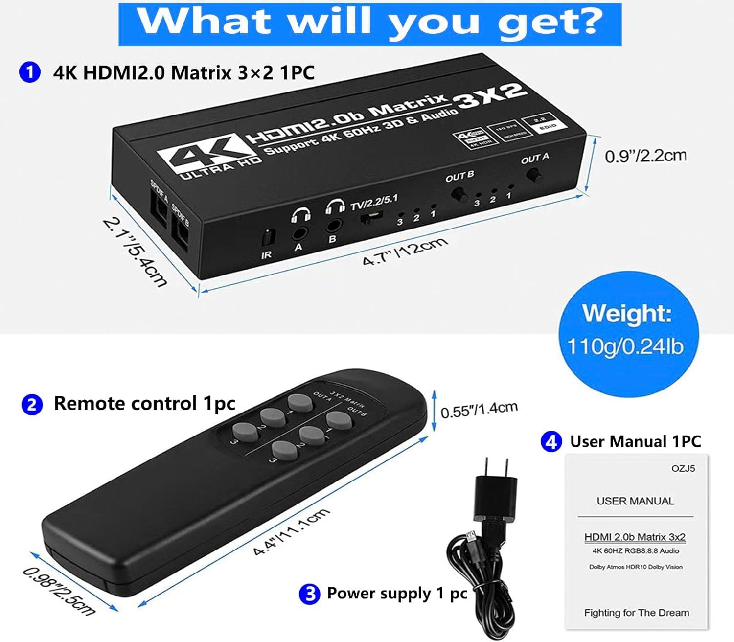 Matrice HDMI 3 x 2 4K60 Hz Commutateur matriciel 3 entrées 2 sorties avec extracteur EDID et télécommande infrarouge, prend en charge Ultra 4K HDR, 3D/1080p, HDMI 2.0b, HDCP 2.2
