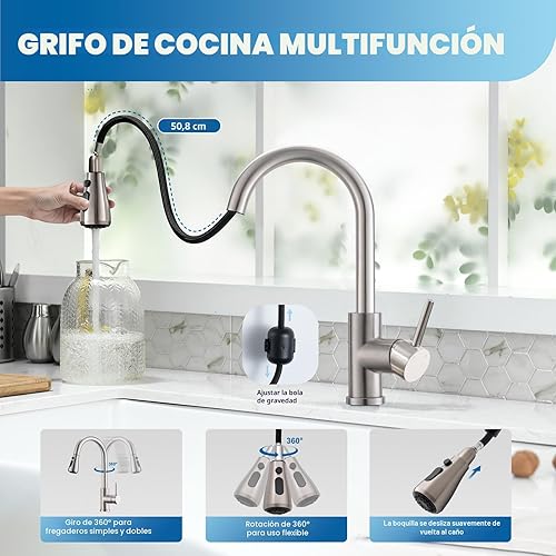 Miniatura 4 de VFAUOSIT - Grifo de cocina con rociador extraíble, grifo de fregadero de cocina sin plomo, níquel cepillado, acero inoxidable, moderno, arco alto
