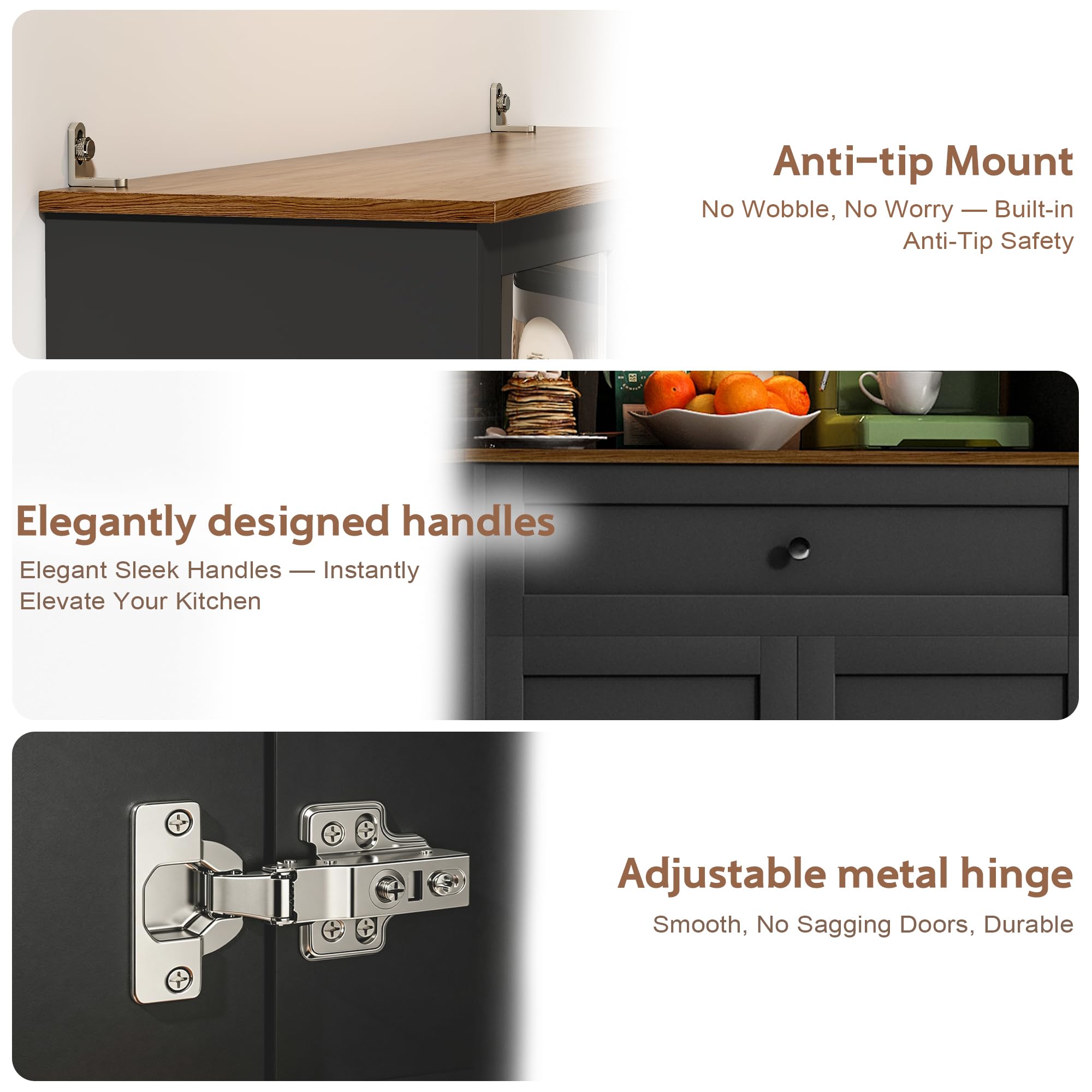 Küchenschrank Buffetschrank, Küchenschränke mit 6-Fach Weinregal, Sideboard mit LED-Licht, Steckdose, Verstellbare Böden, Anti-Kipp, Küchenbuffet für Küche, Esszimmer, Wohnzimmer (Schwarz)