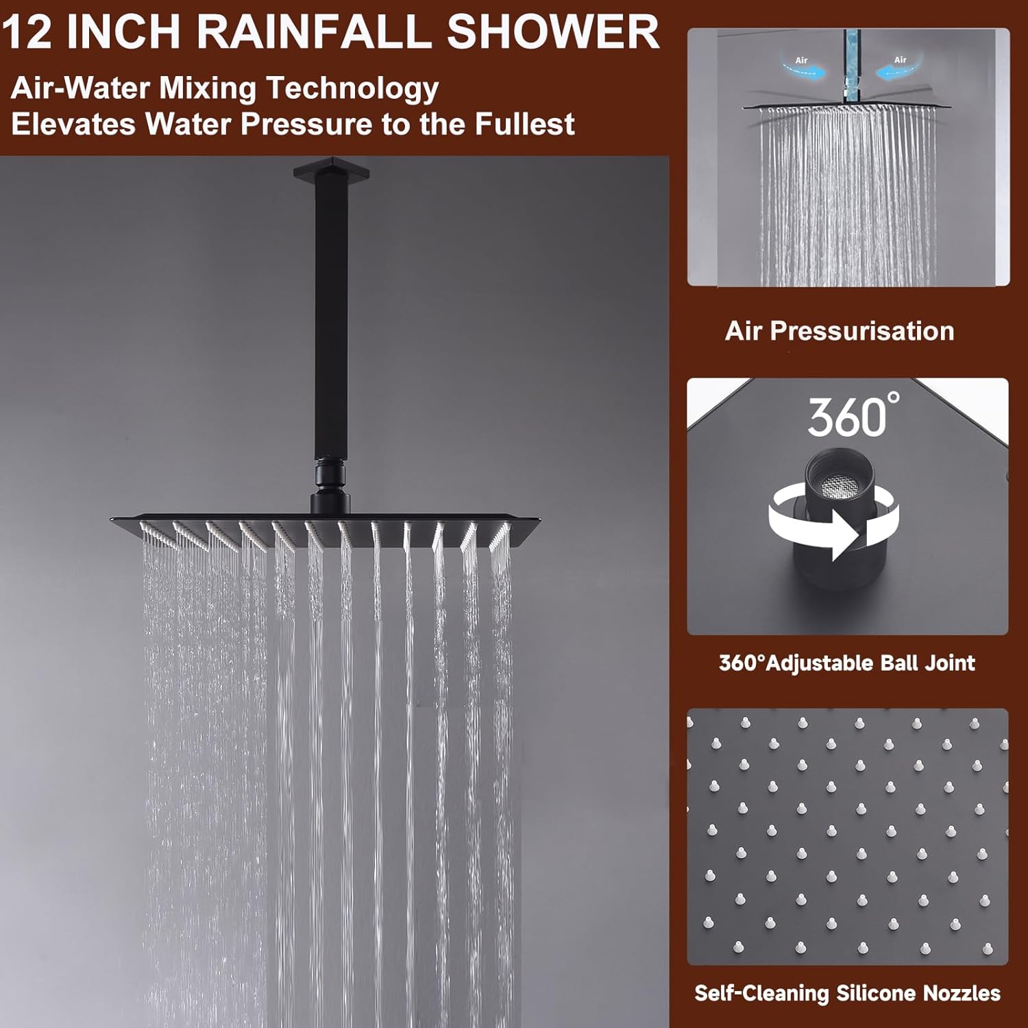 Dual Shower Head System Matte Black 12" Ceiling Mount Rainfall Shower and 6" Wall Mounted Shower Head System with Handheld Spray, Push Button Diverter Shower Faucet Set, Can All Run Together