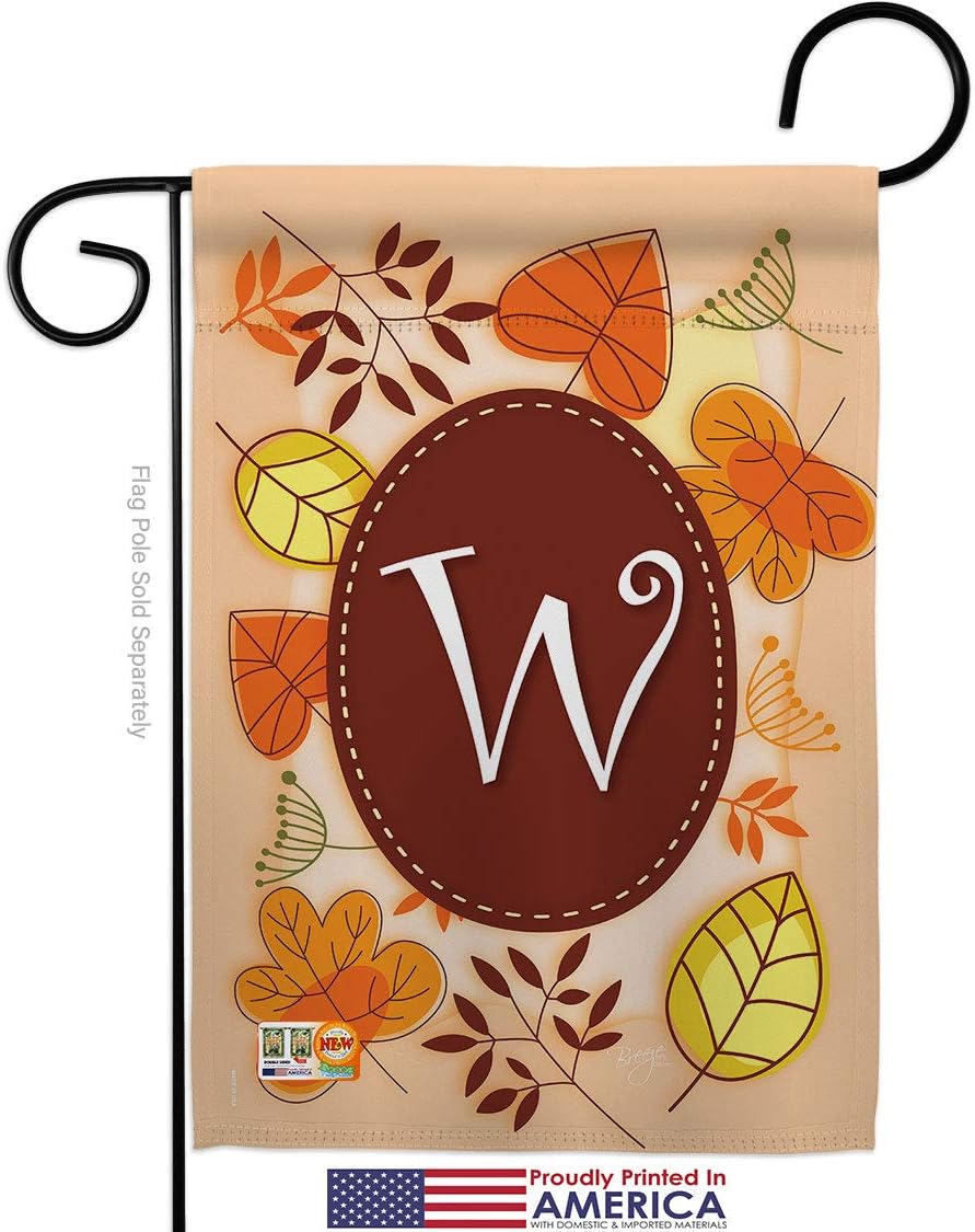 Autumn W Initial Garden Flag Set with Stand Monogram Falltime Harvest Scarecrow Pumkins Sunflower Leaves Season Autumntime Gathering Small Gift Yard House Banner Made In USA 13 X 18.5