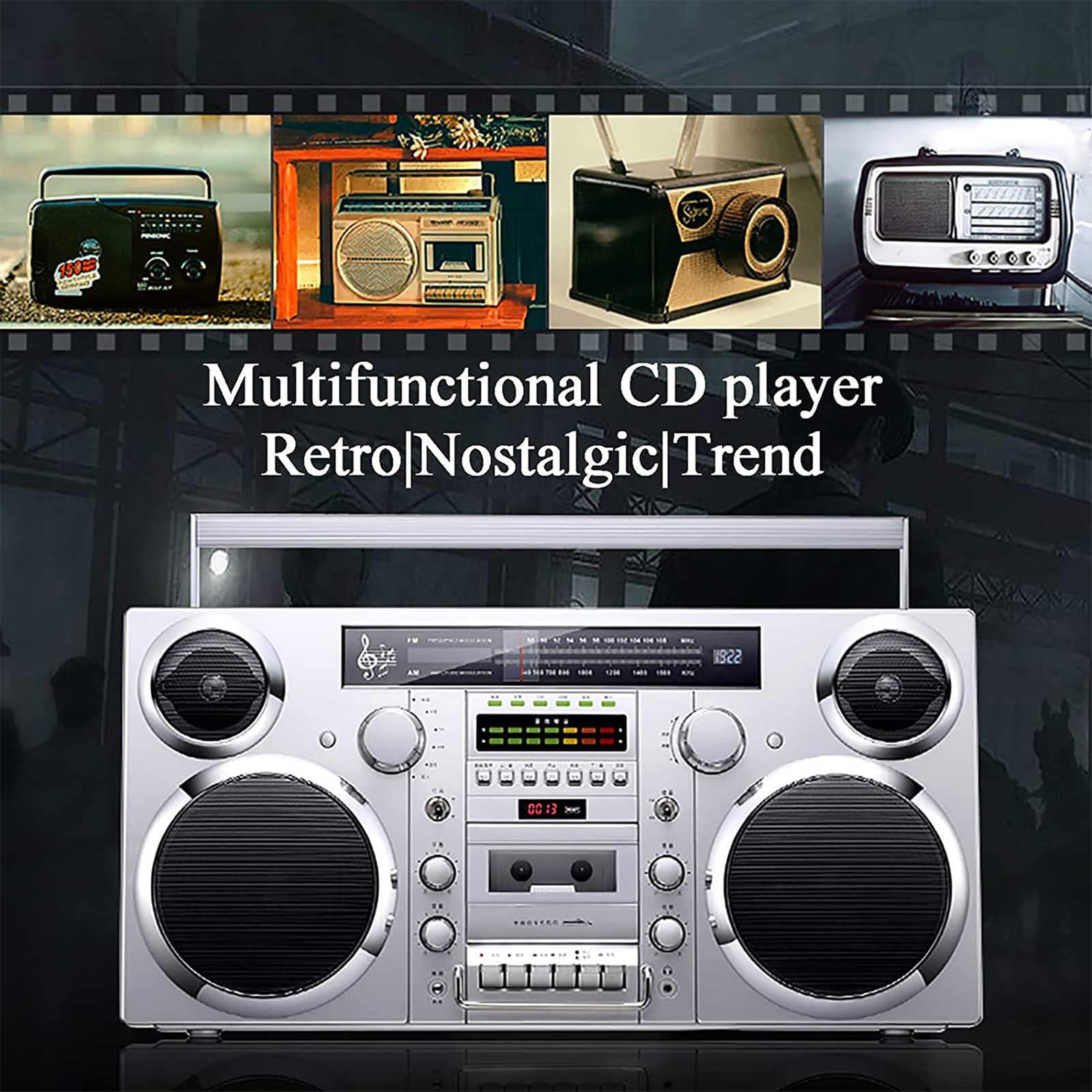 Lettore CD portatile Boombox, radio AM/FM, ingresso Bluetooth/AUX, stile retrò anni '80 con altoparlante integrato per casa, famiglia e viaggi