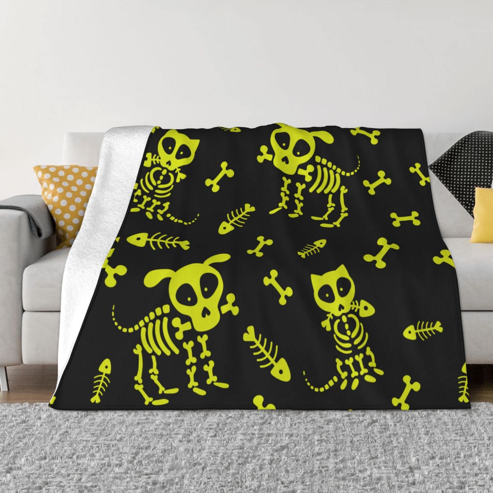 Drôle Chat Chien Squelette crâne os Mignon Doux jeté Couverture Polaire floue Confortable Doux Flanelle Peluche Confort Chaleur pour lit canapé canapé Toutes Saisons Utilisation 80"x60"